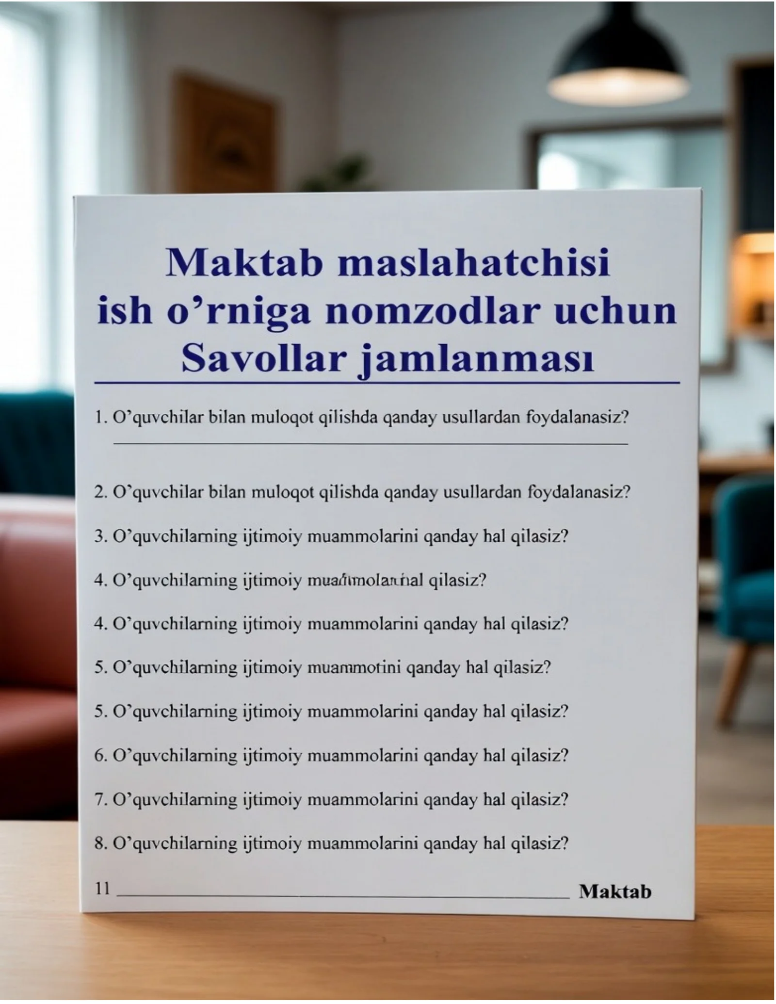 Maktab maslahatchisi lavozimi uchun imtihon savollari va javoblari. 2026