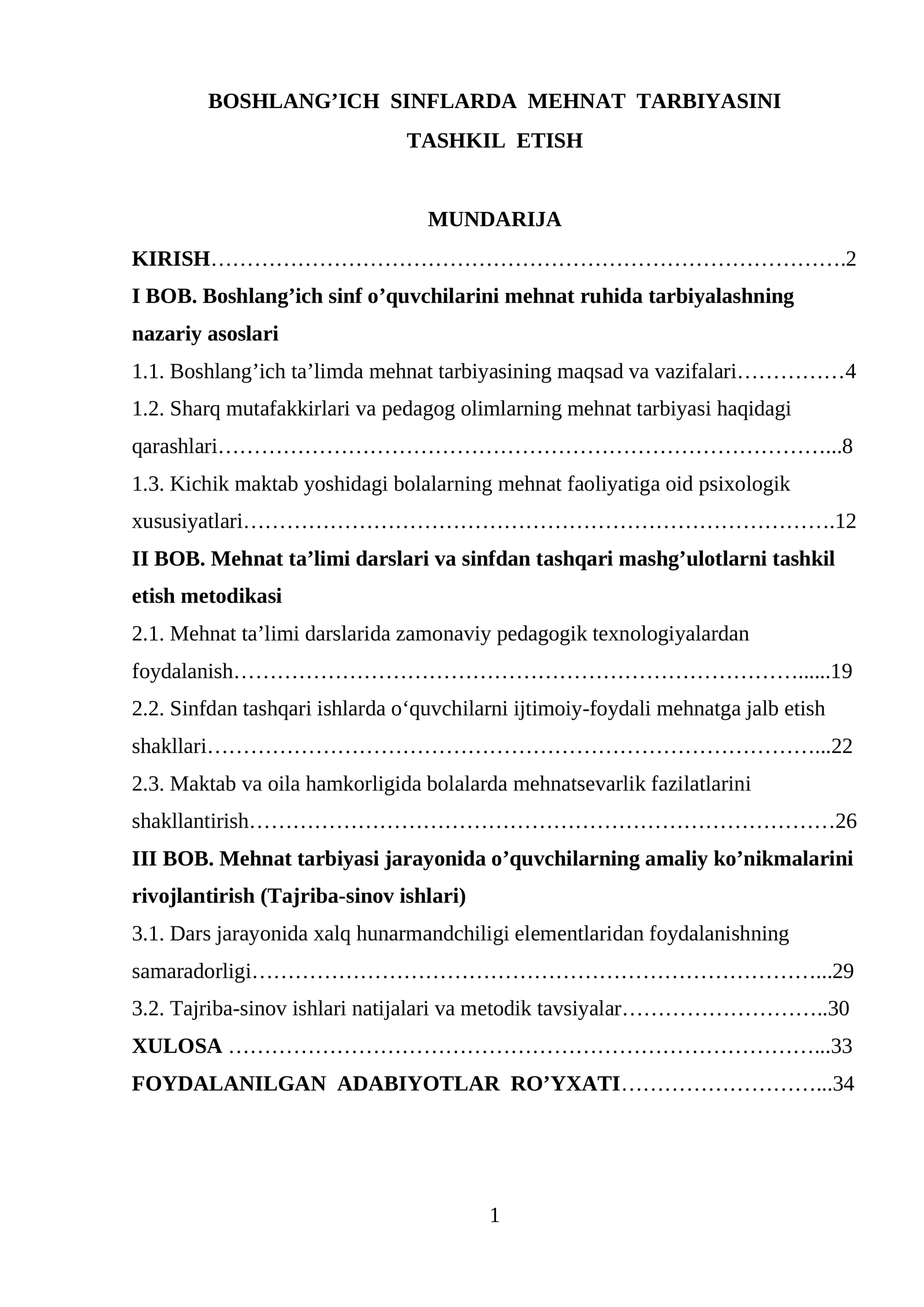 BOSHLANG’ICH SINFLARDA MEHNAT TARBIYASINI TASHKIL ETISH