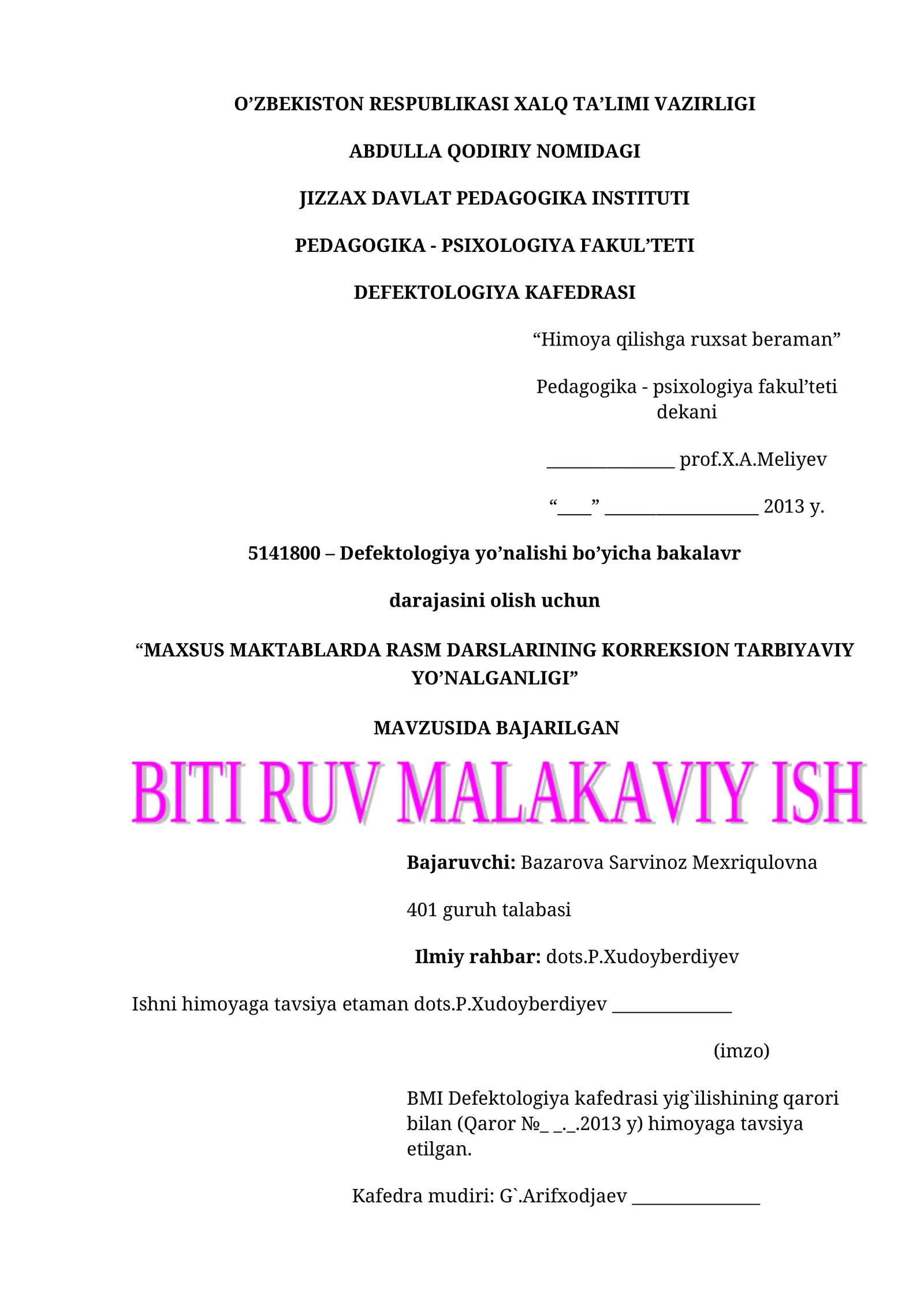 MAXSUS MAKTABLARDA RASM DARSLARINING KORREKSION TARBIYAVIY YO’NALGANLIGI