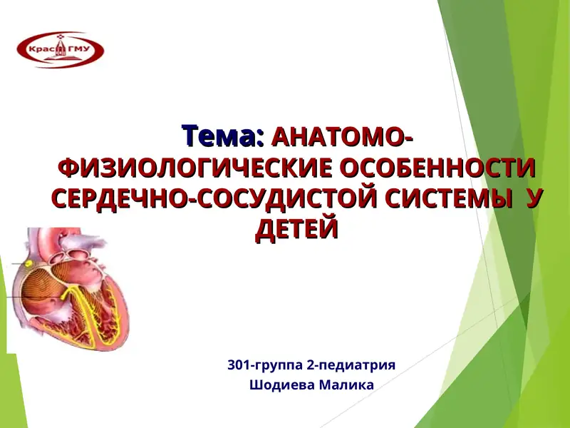 АНАТОМО-ФИЗИОЛОГИЧЕСКИЕ ОСОБЕННОСТИ СЕРДЕЧНО-СОСУДИСТОЙ СИСТЕМЫ У ДЕТЕЙ