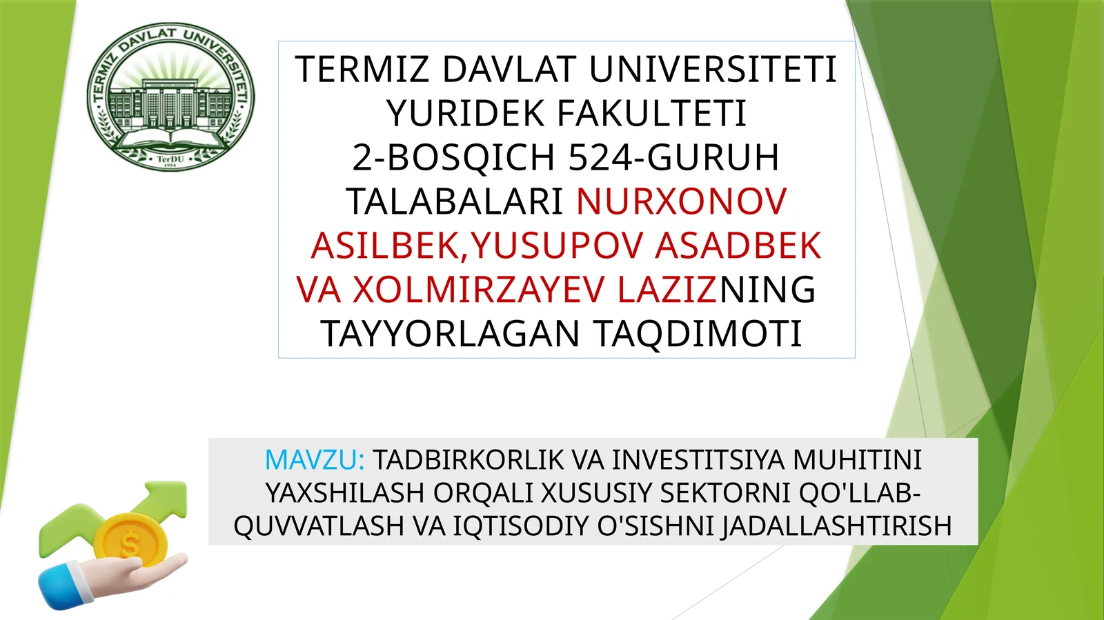 Tadbirkorlik va investitsiya muhitini yaxshilash orqali xususiy sektorni qo'llab-quvvatlash va iqtis