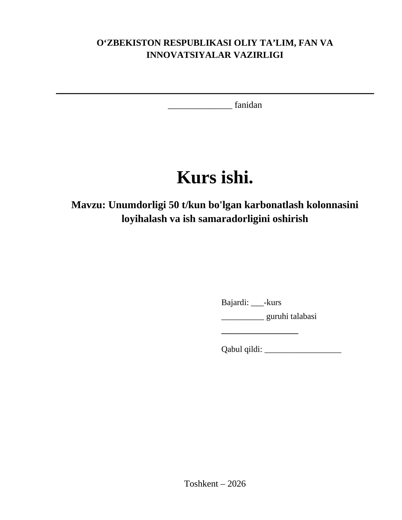 Unumdorligi 50 t/kun bo'lgan karbonatlash kolonnasini loyihalash va ish samaradorligini oshirish