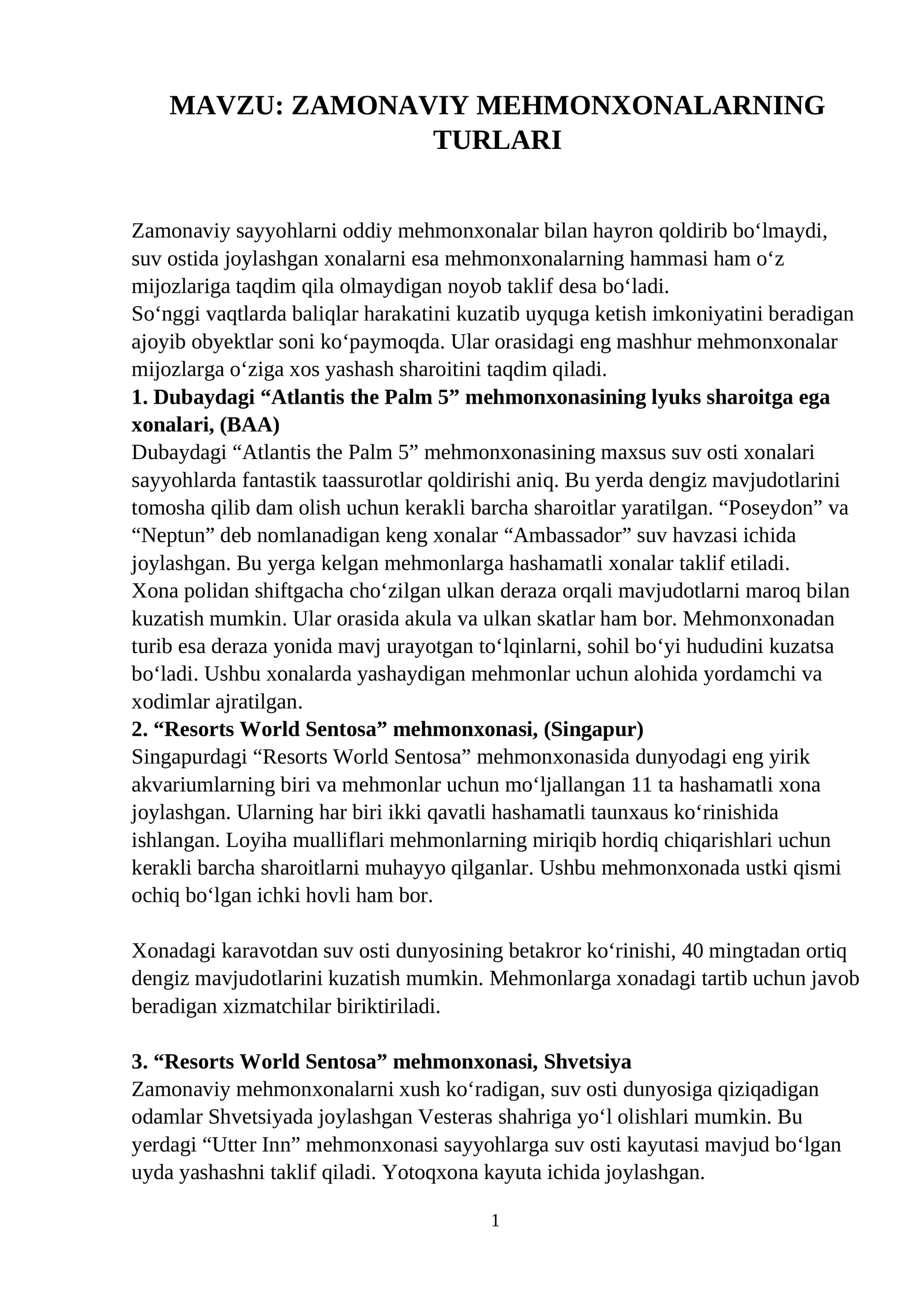 Dubaydagi “Atlantis the Palm 5” mehmonxonasining lyuks sharoitga ega xonalari