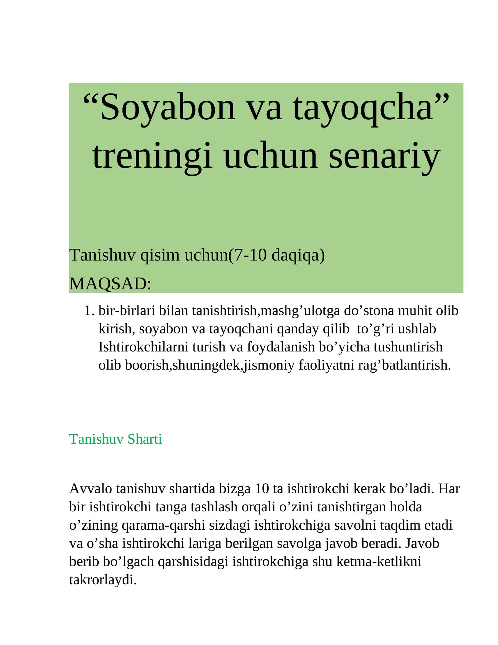 “Soyabon va tayoqcha” treningi uchun senariy