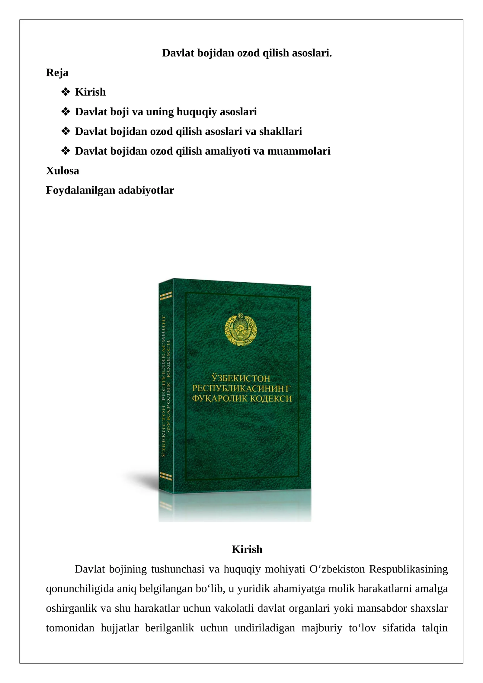 Davlat bojidan ozod qilish asoslari