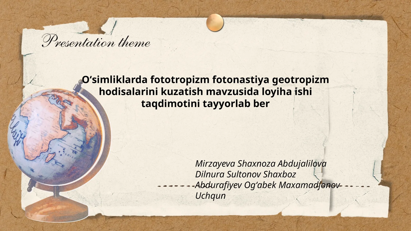 Oʻsimliklarda fototropizm fotonastiya geotropizm hodisalarini kuzatish mavzusida loyiha ishi taqdimotini tayyorlab ber