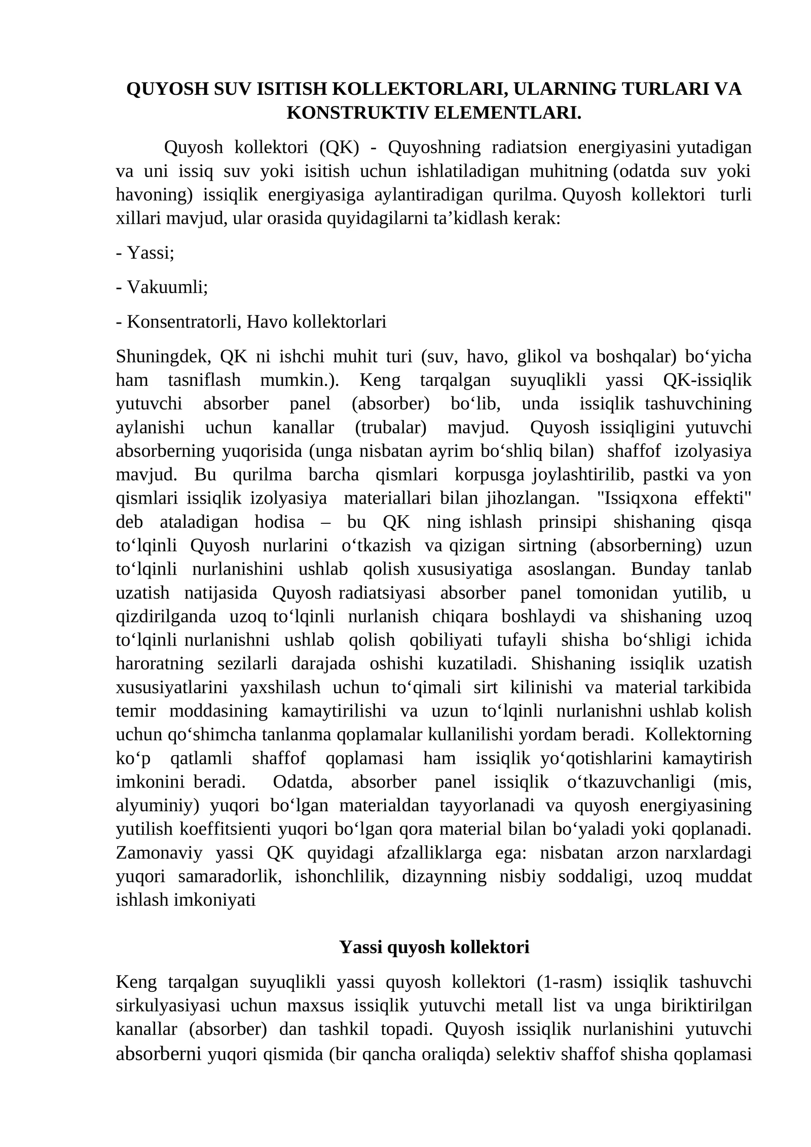 Quyosh Suv Isitish Kollektorlari