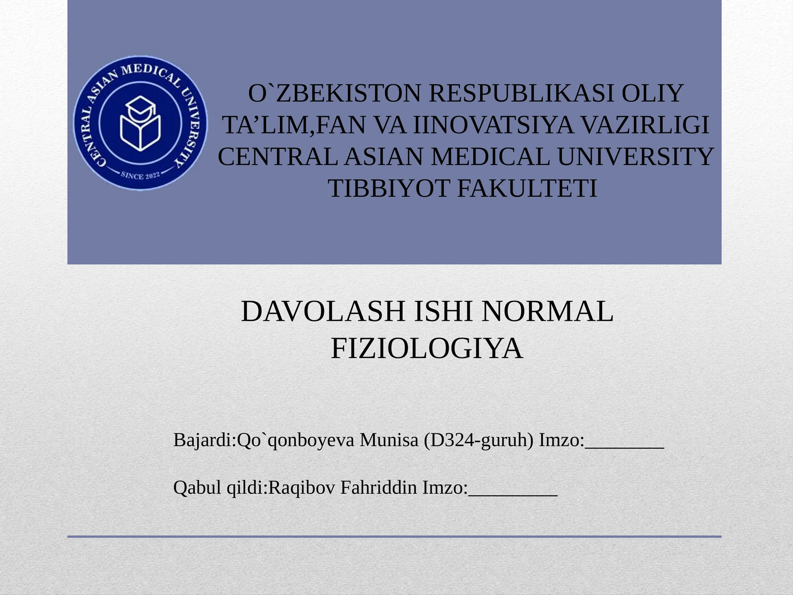 DAVOLASH ISHINORMAL FIZIOLOGIYA