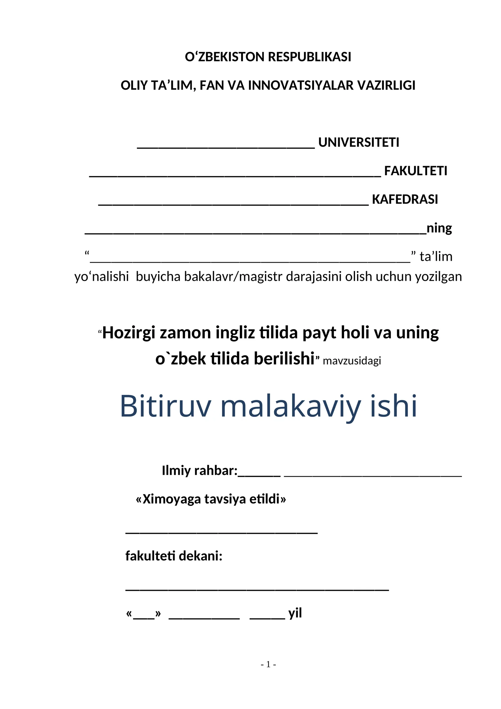 Hozirgi zamon ingliz tilida payt holi va uning o`zbek tilida berilishi