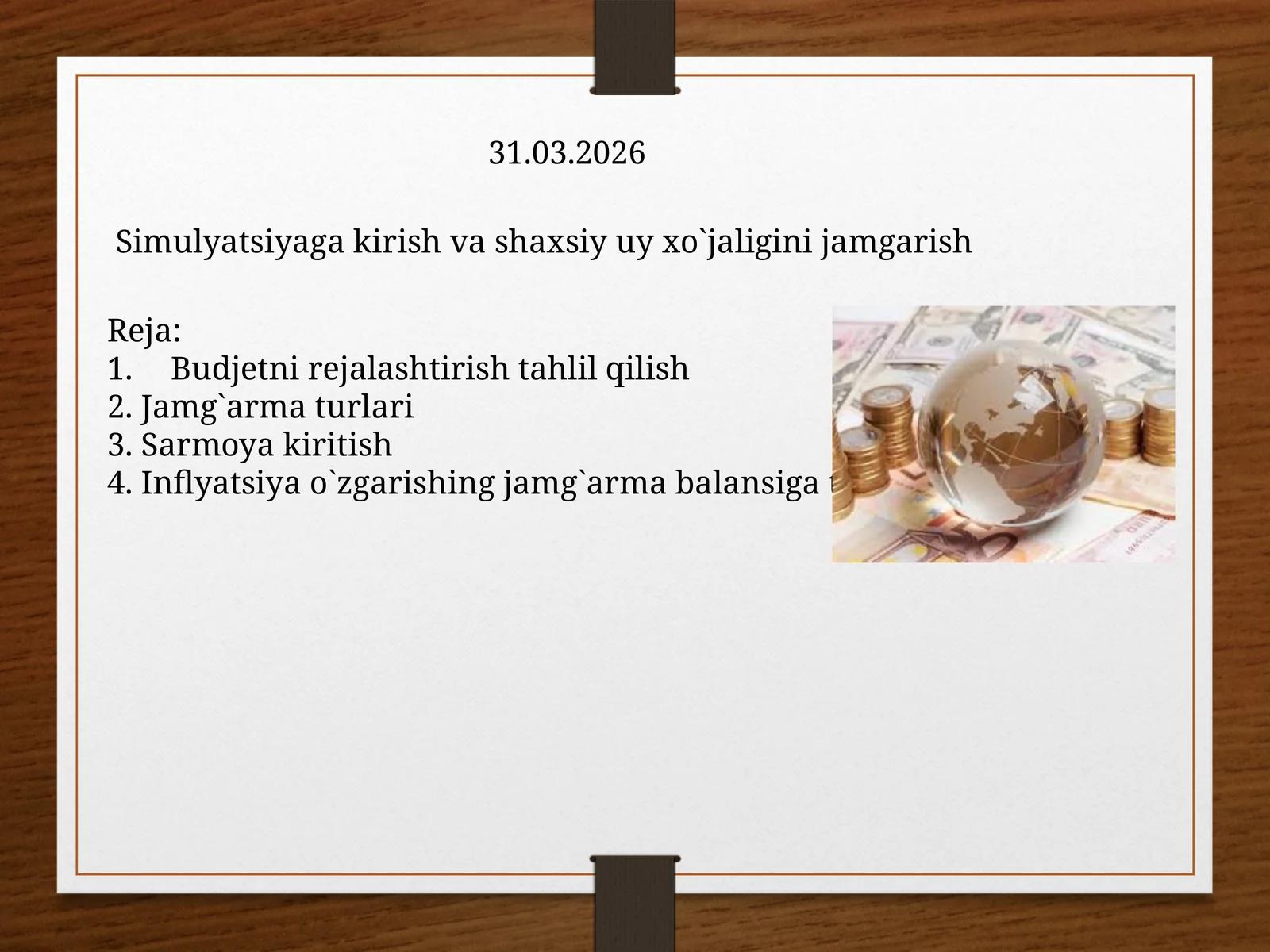 Simulyatsiyaga kirish va shaxsiy uy xo`jaligini jamgarish