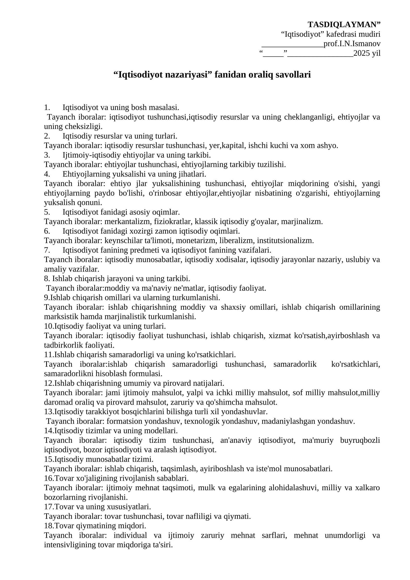 Iqtisodiyot nazariyasi fanidan oraliq savollari