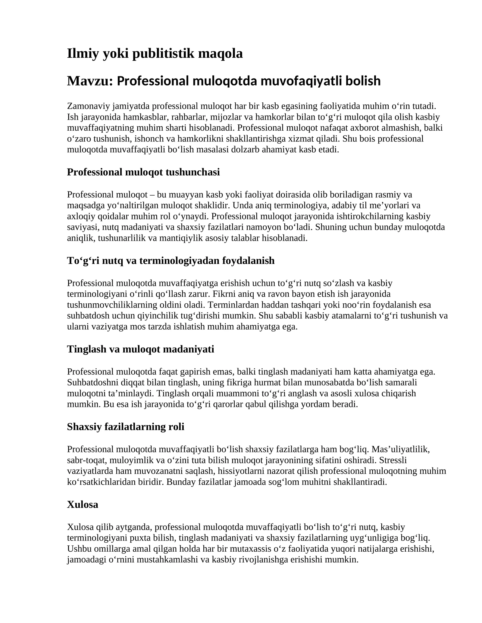 Professional muloqotda muvofaqiyatli bolish