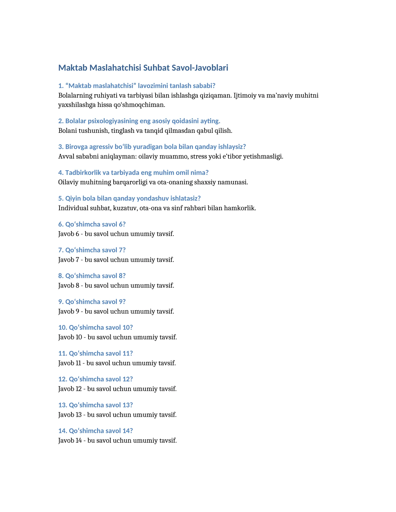 Maktab Maslahatchisi Suhbat Savol-Javoblari
