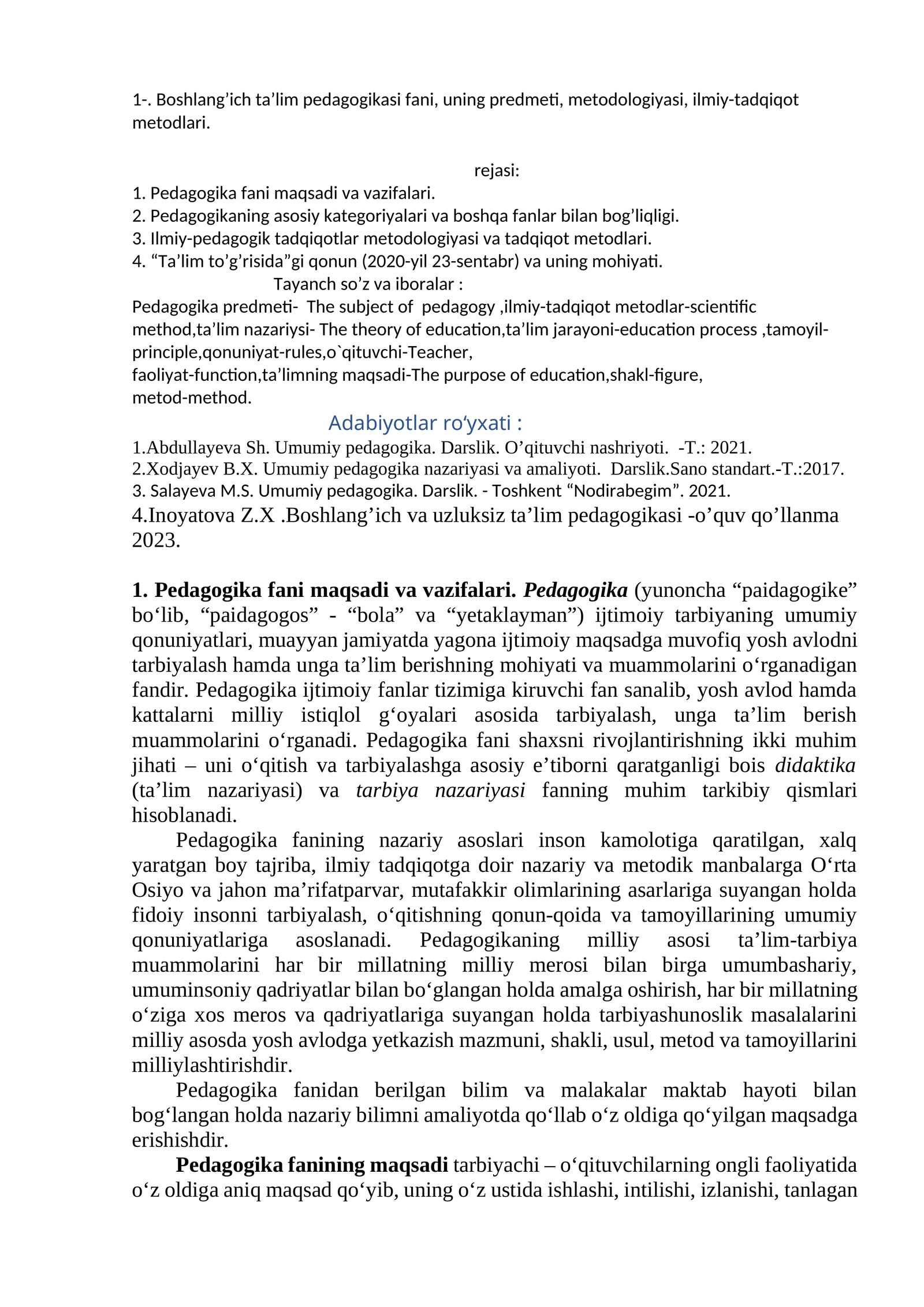 Boshlang’ich ta’lim pedagogikasi fani, uning predmeti, metodologiyasi, ilmiy-tadqiqot metodlari