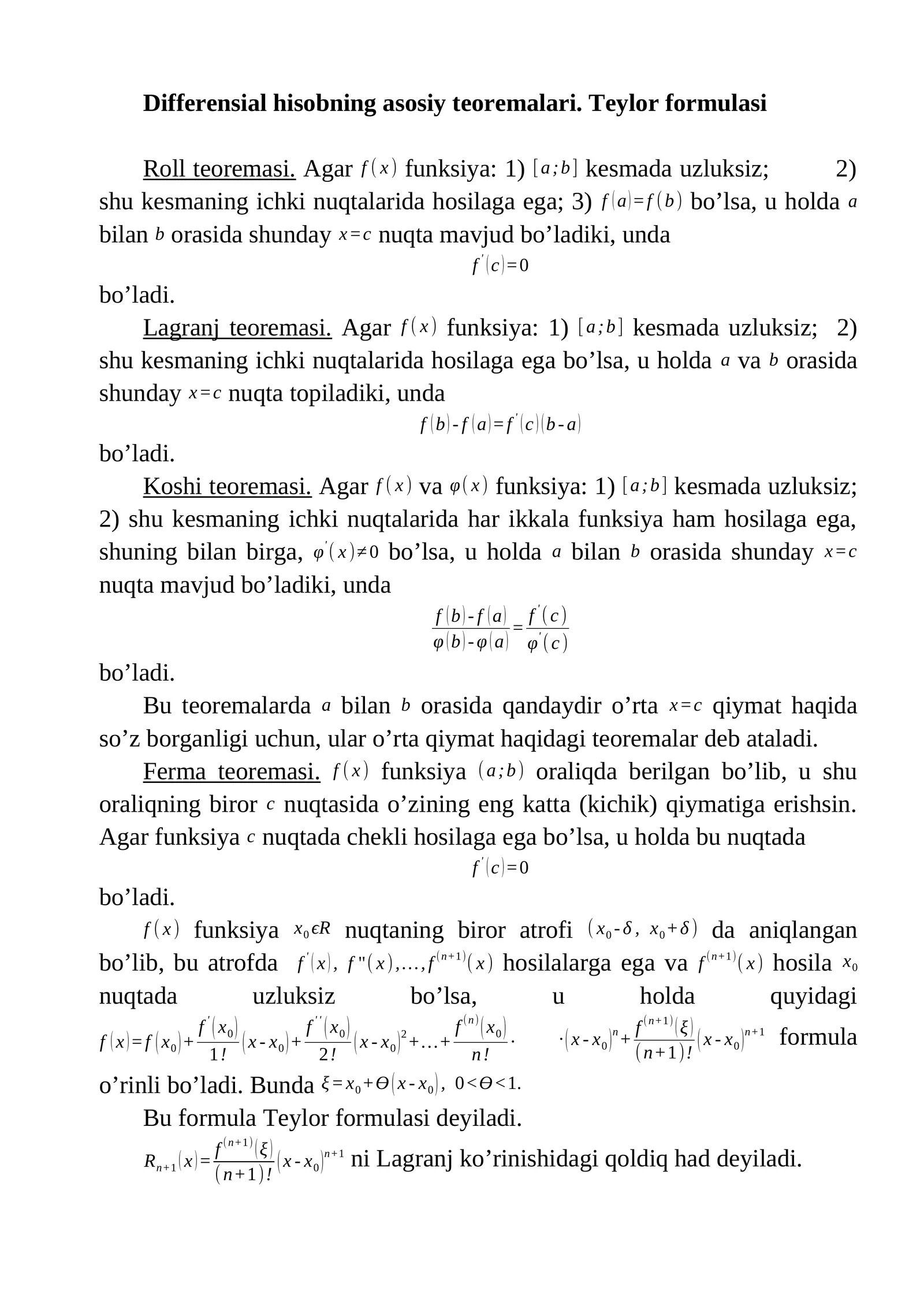 Differensial hisobning asosiy teoremalari. Teylor formulasi  Roll teoremasi.