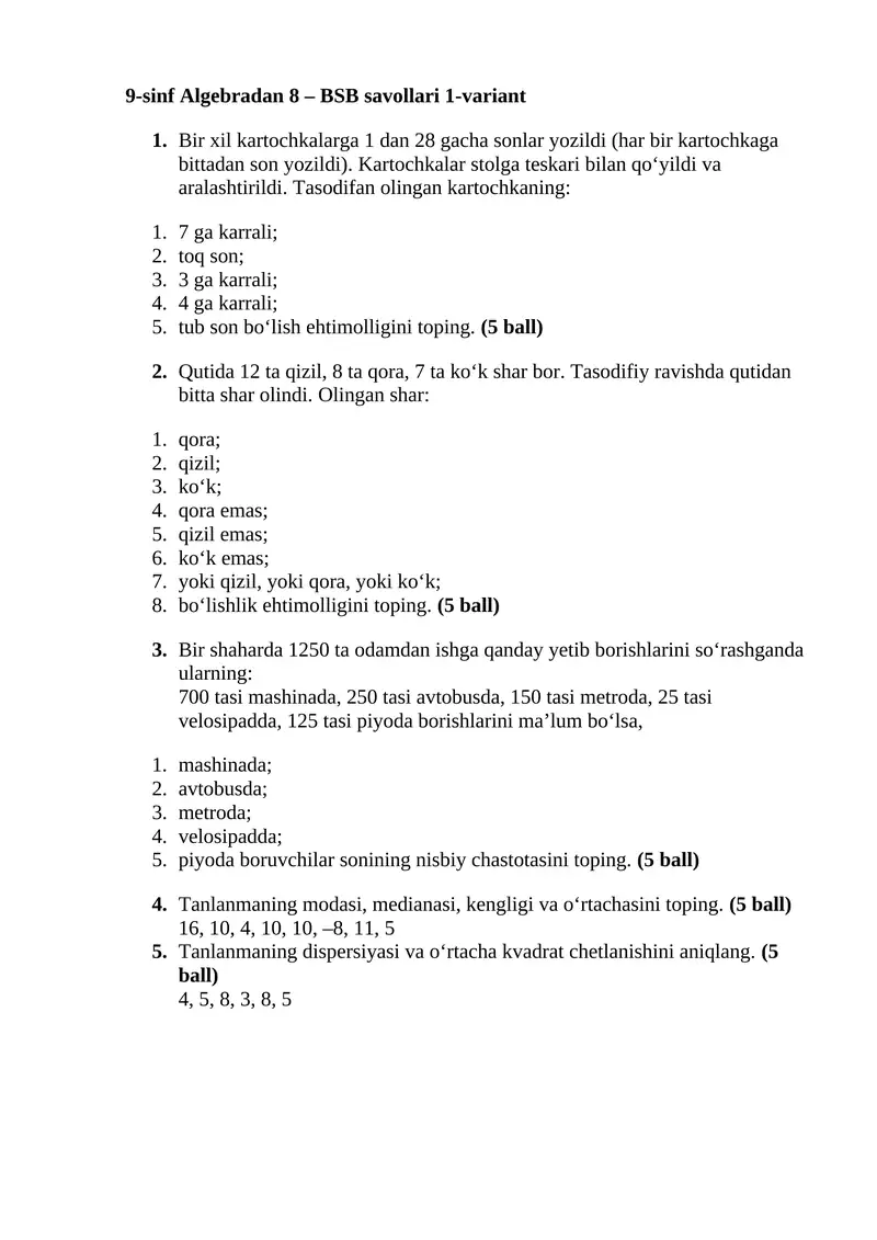 9-sinf Algebradan 8 – BSB savollari 1-variant
