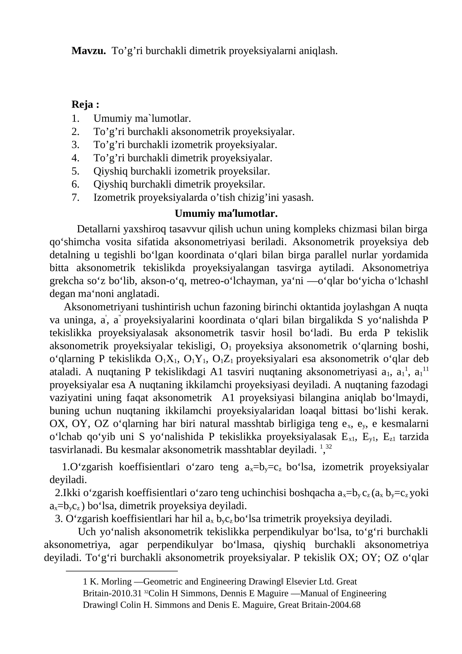 To’g’ri burchakli dimetrik proyeksiyalarni aniqlash