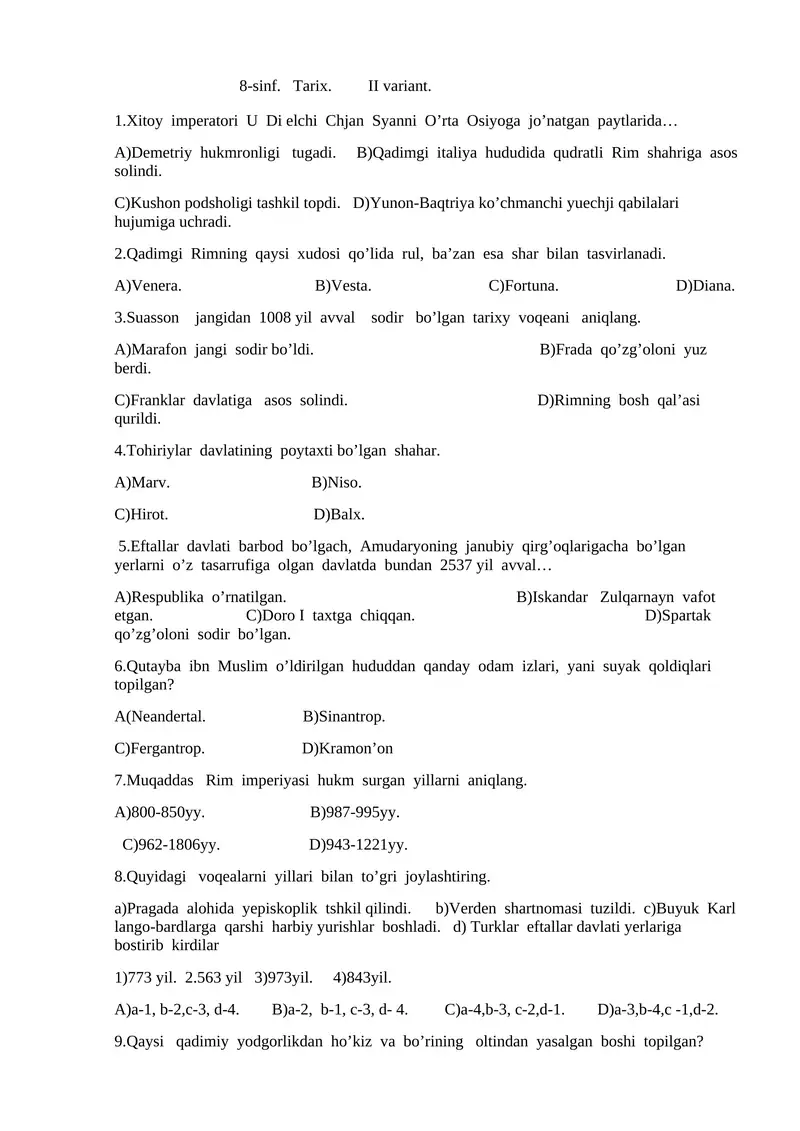 8-sinf. Tarix. II variant