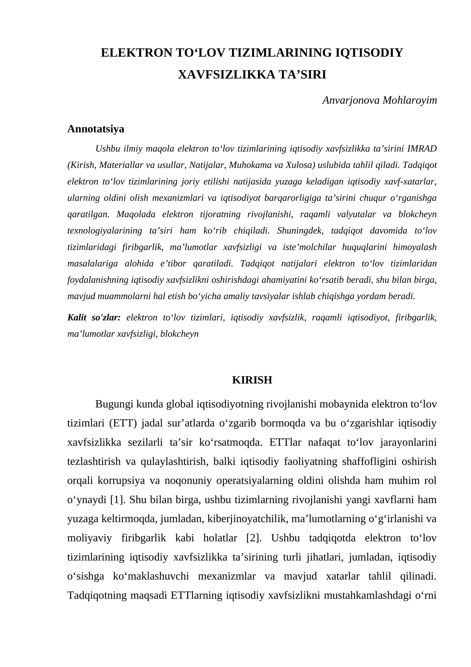 ELEKTRON TOʻLOV TIZIMLARINING IQTISODIY XAVFSIZLIKKA TAʼSIRI