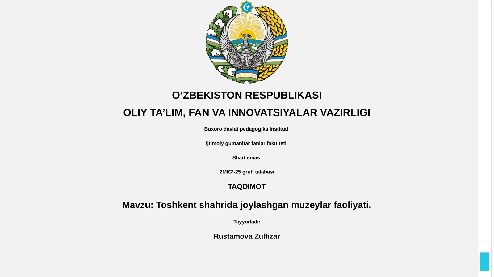 Toshkent shahrida joylashgan muzeylar faoliyati