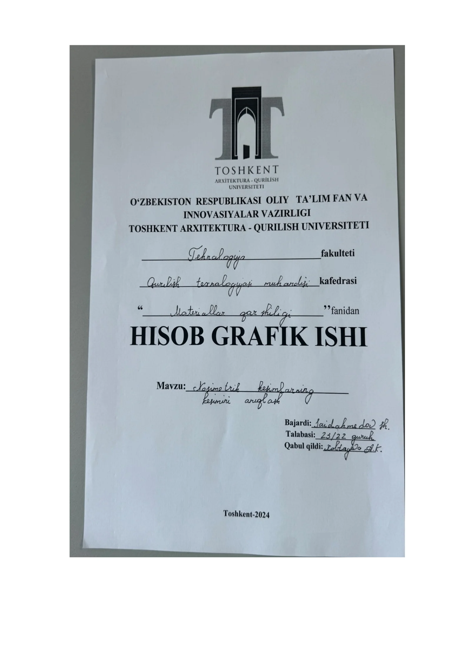 hisob girafik ishi. nosmetrik kesimlarni kesimini aniqlash.