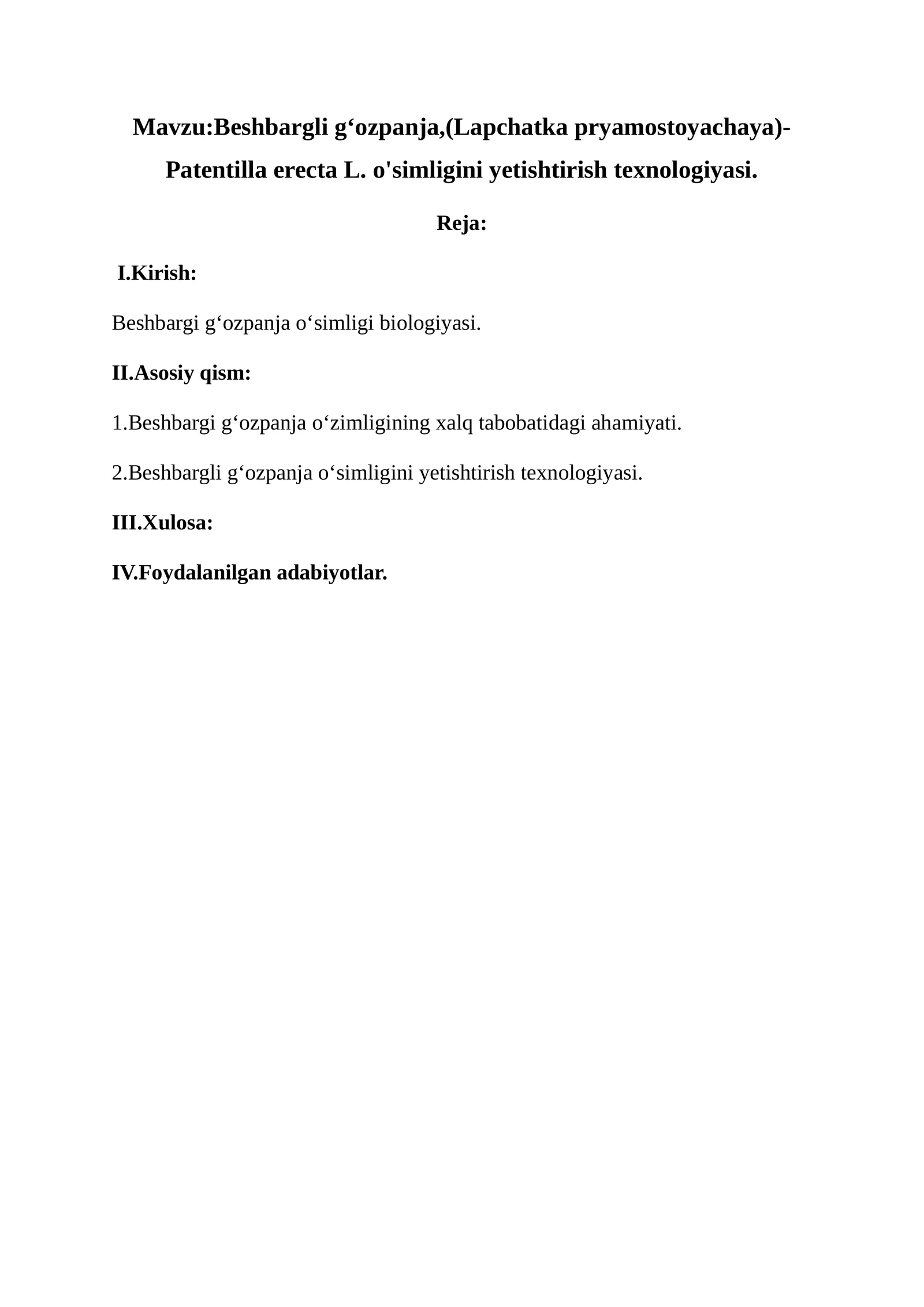 Besh bargli go'zpanja o'simligini yetishtirish texnologiyasi