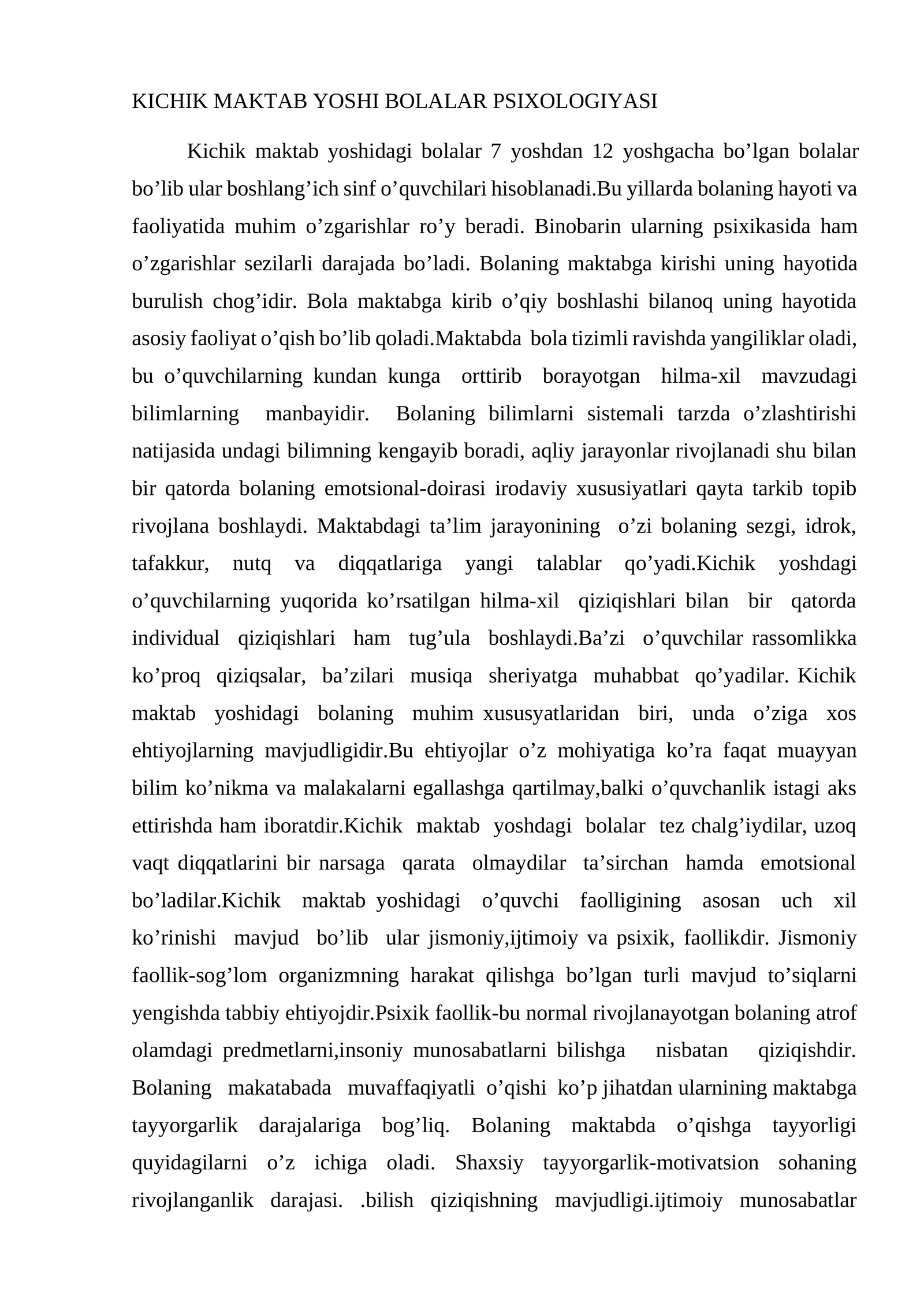 KICHIK MAKTAB YOSHI BOLALAR PSIXOLOGIYASI