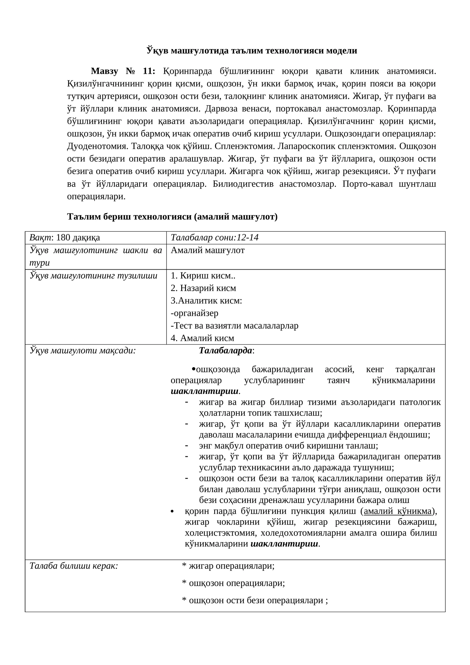 Мавзу № 11: Қоринпарда бўшлиғининг юқори қавати клиник анатомияси