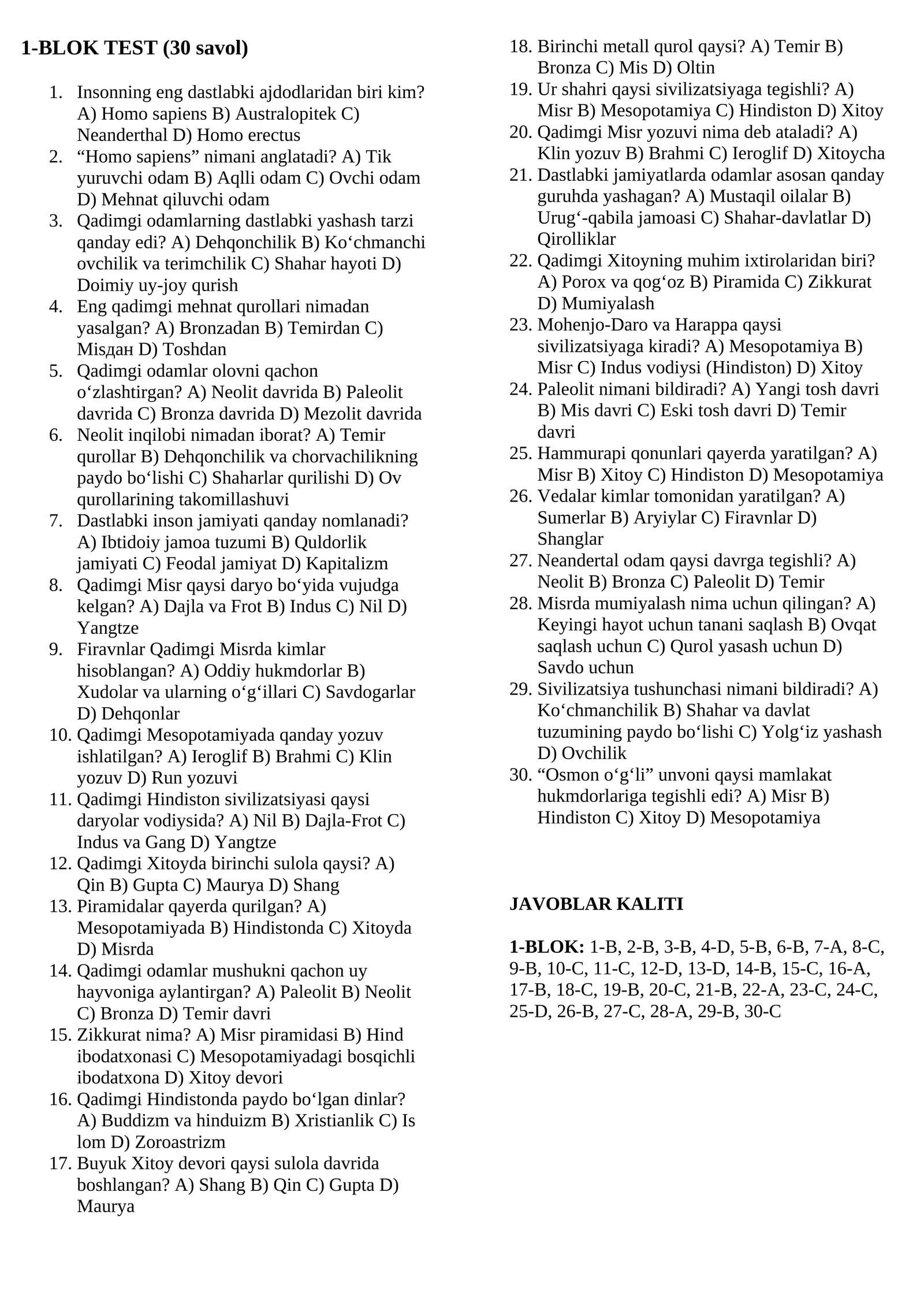5-sinf Tarix1-BLOK TEST (30 savol)