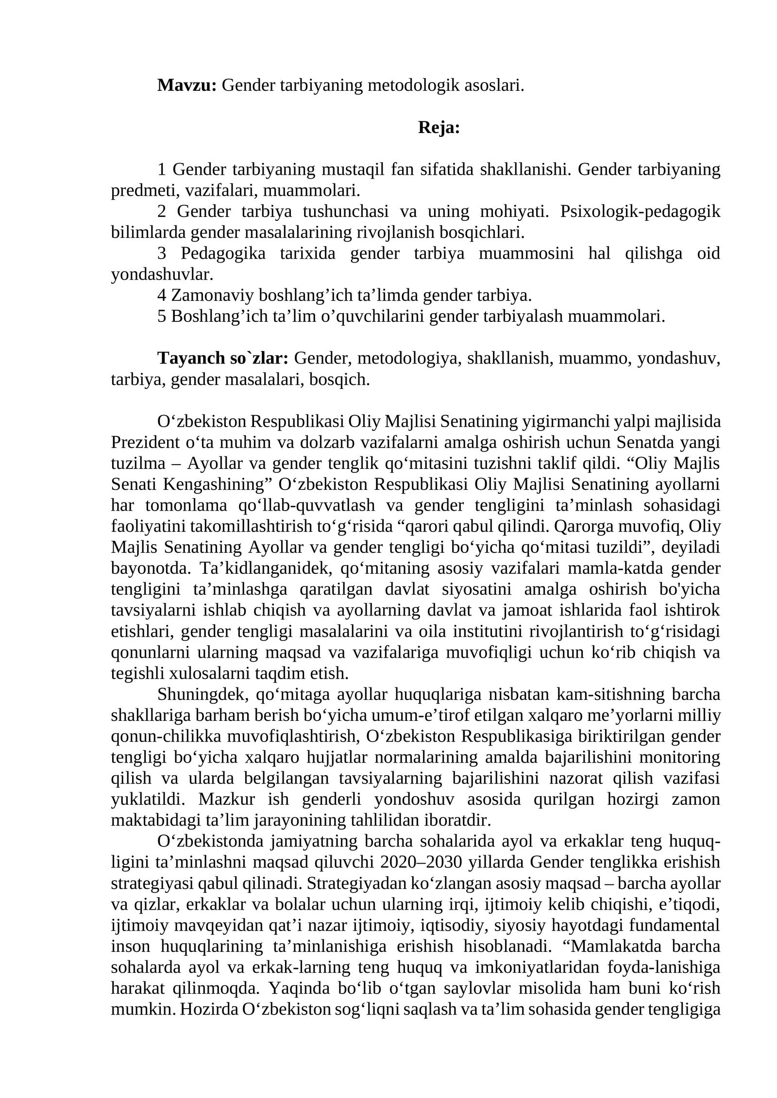 Gender tarbiyaning metodologik asoslari