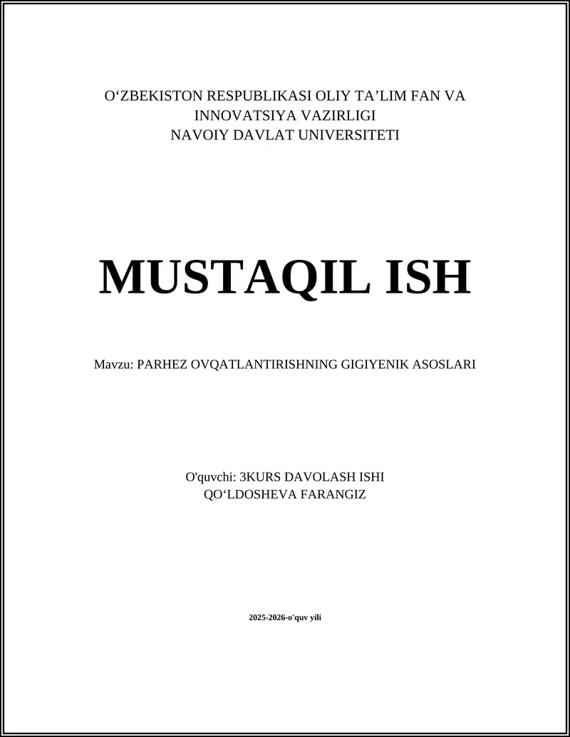 PARHEZ OVQATLANTIRISHNING GIGIYENIK ASOSLARI