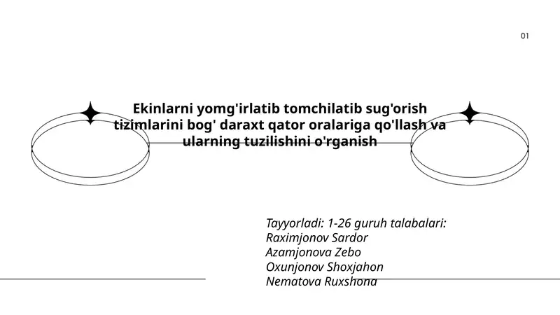 Ekinlarni yomg'irlatib tomchilatib sug'orish tizimlarini bog' daraxt qator oralariga qo'llash va ularning tuzilishini o'rganish