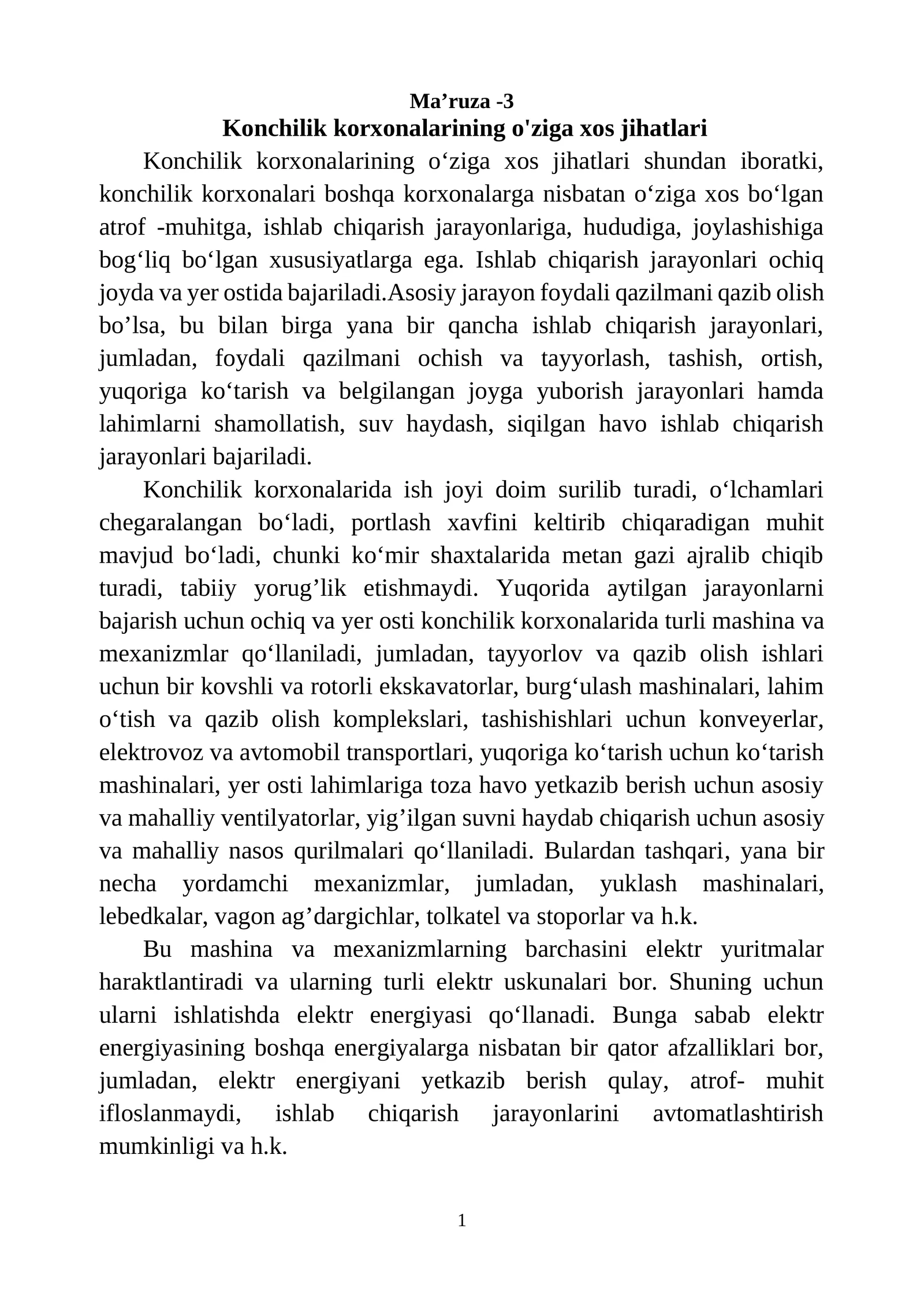 Konchilik korxonalarining o'ziga xos jihatlari