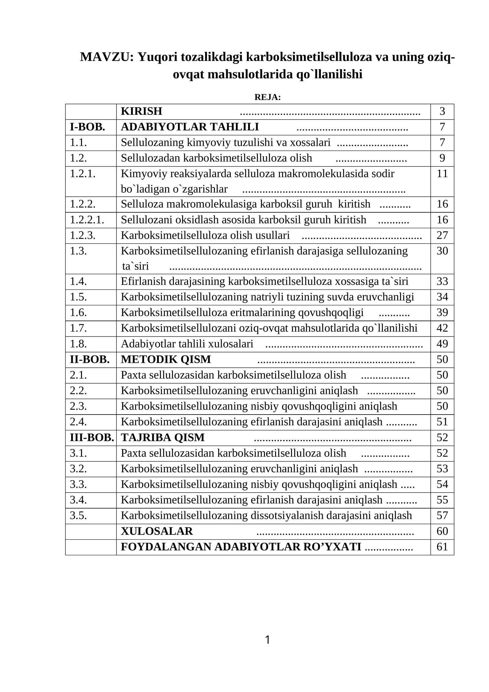 Yuqori tozalikdagi karboksimetilselluloza va uning oziq-ovqat mahsulotlarida qo`llanilishi
