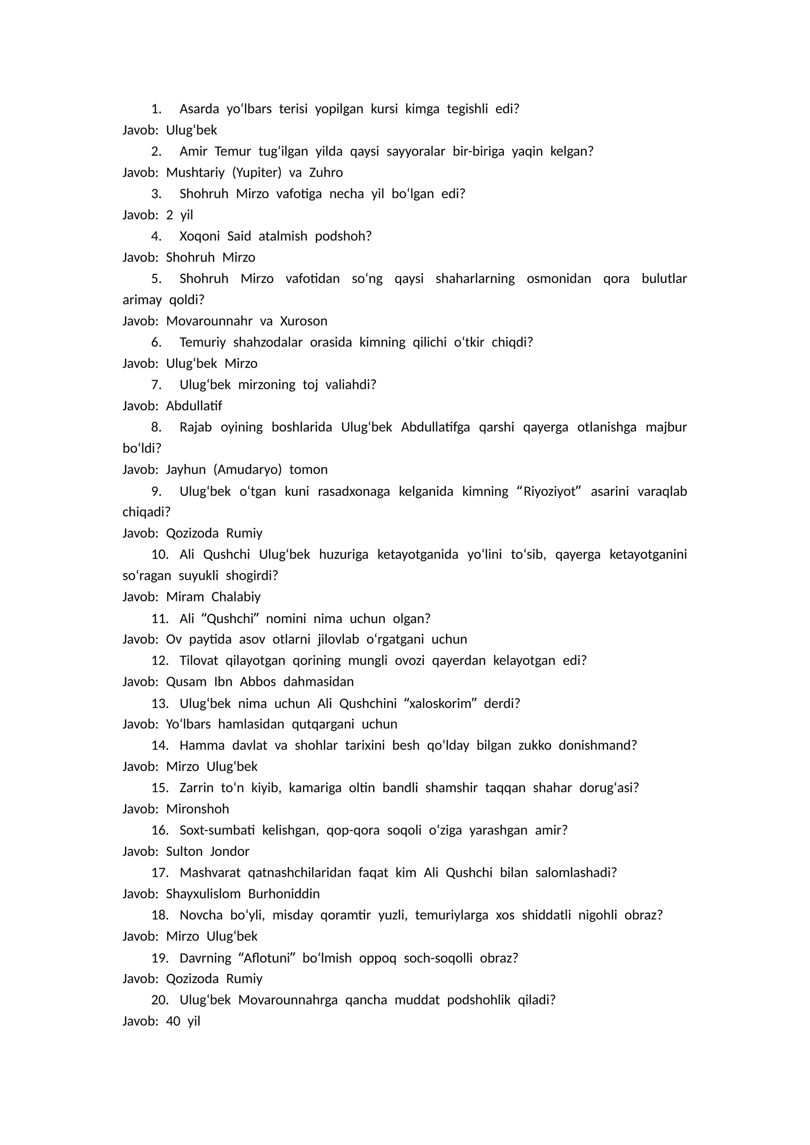 Ulug’bek xazinasi asaridan savollar to’plami