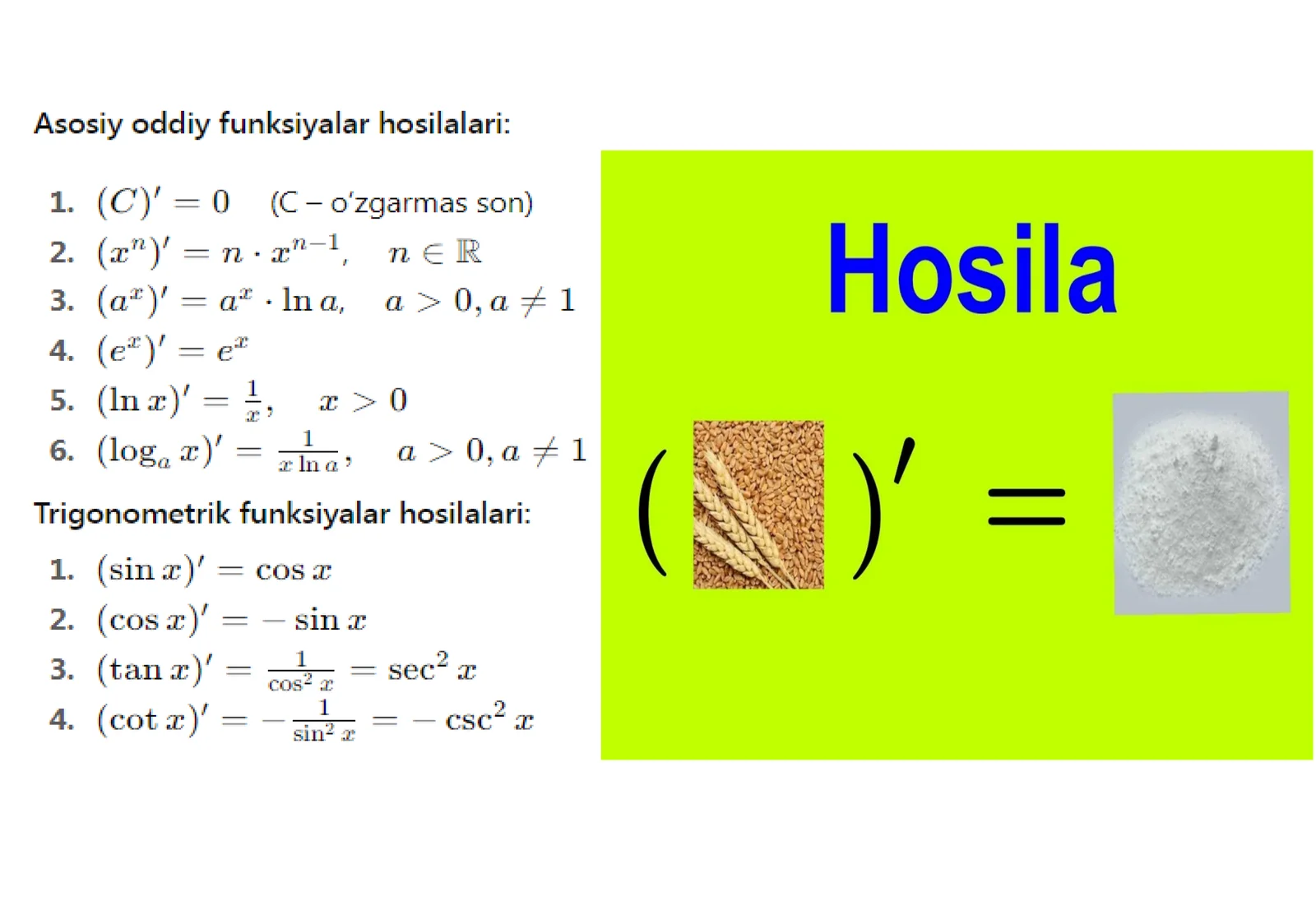 Hosila integral limit va lagarifmik formulalar jadvali