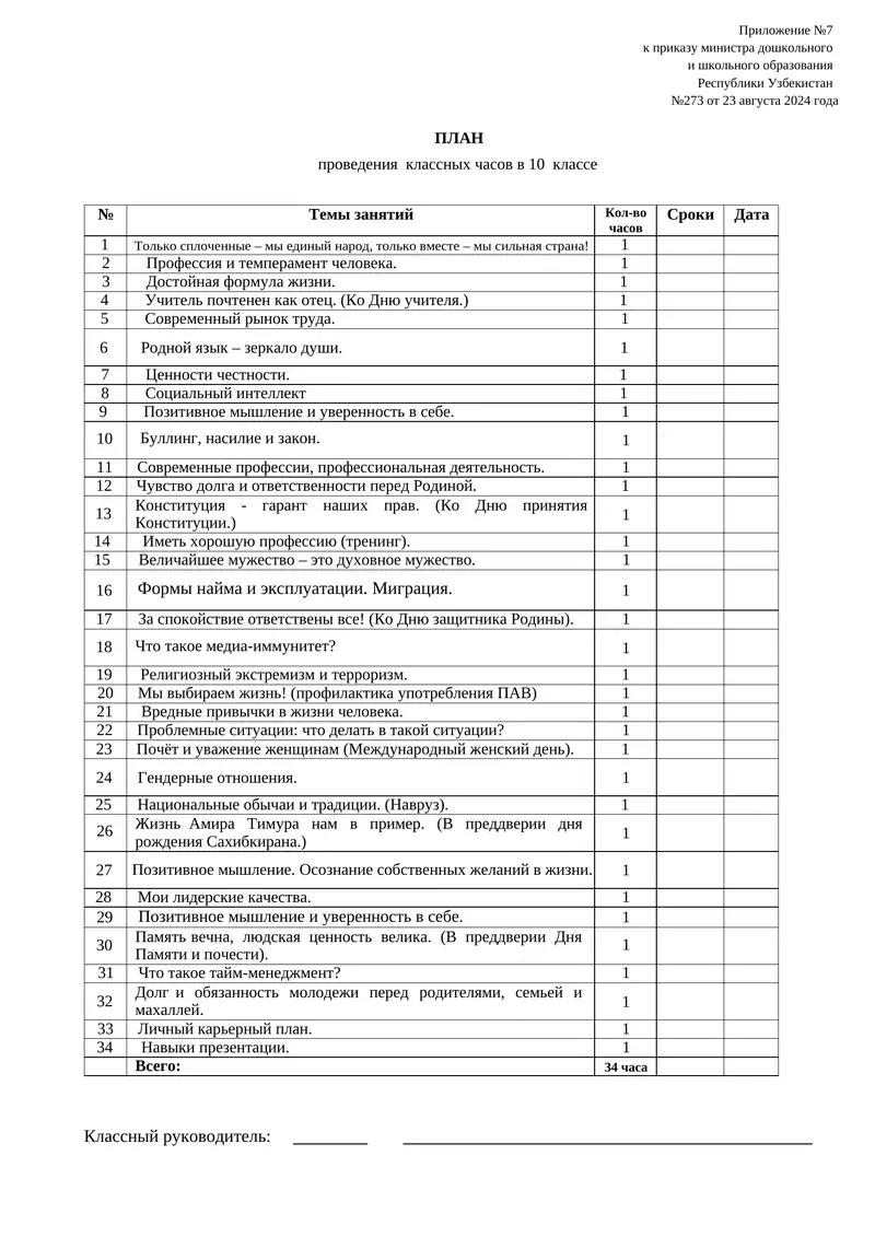 ПЛАН проведения классных часов в 10 классе