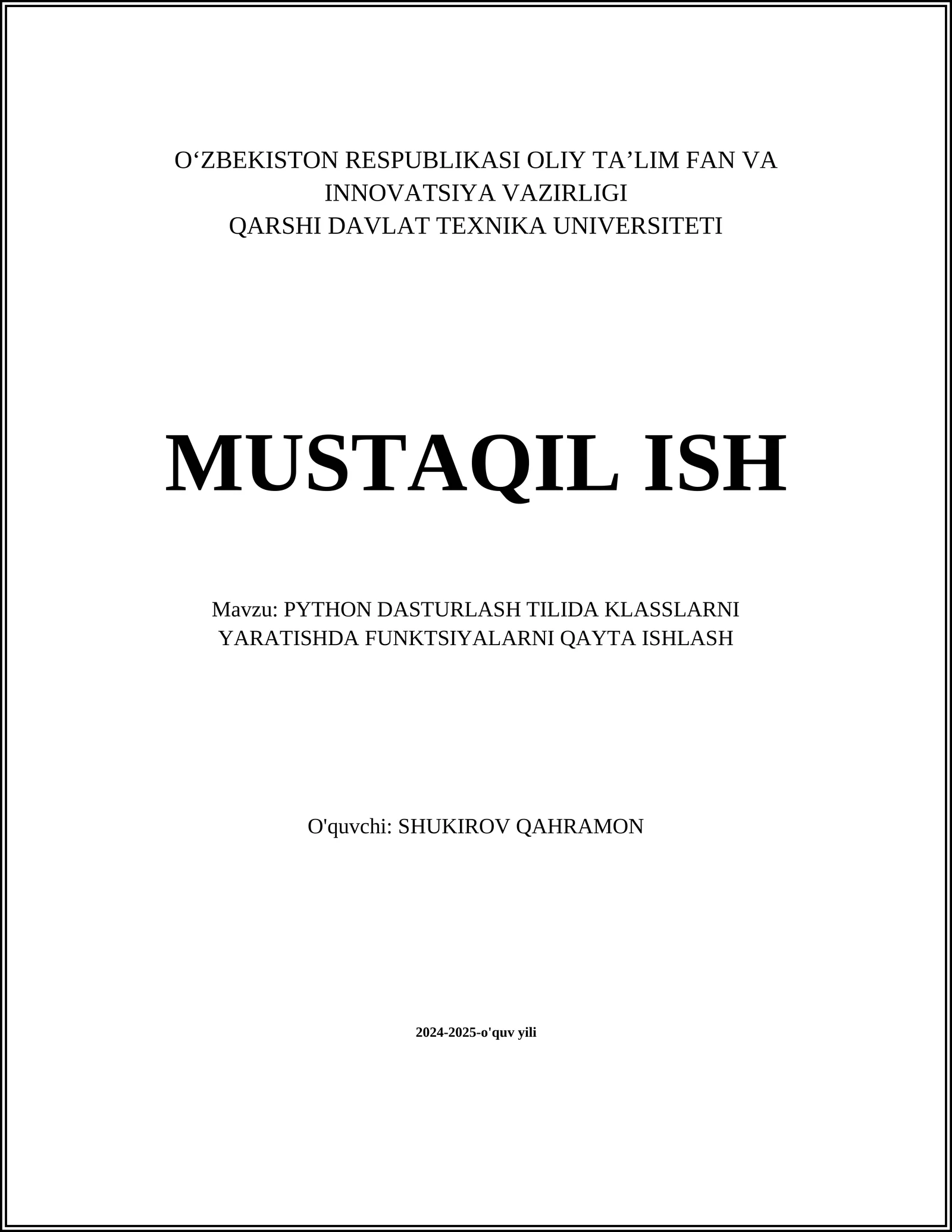 PYTHON DASTURLASH TILIDA KLASSLARNI YARATISHDA FUNKTSIYALARNI QAYTA ISHLASH