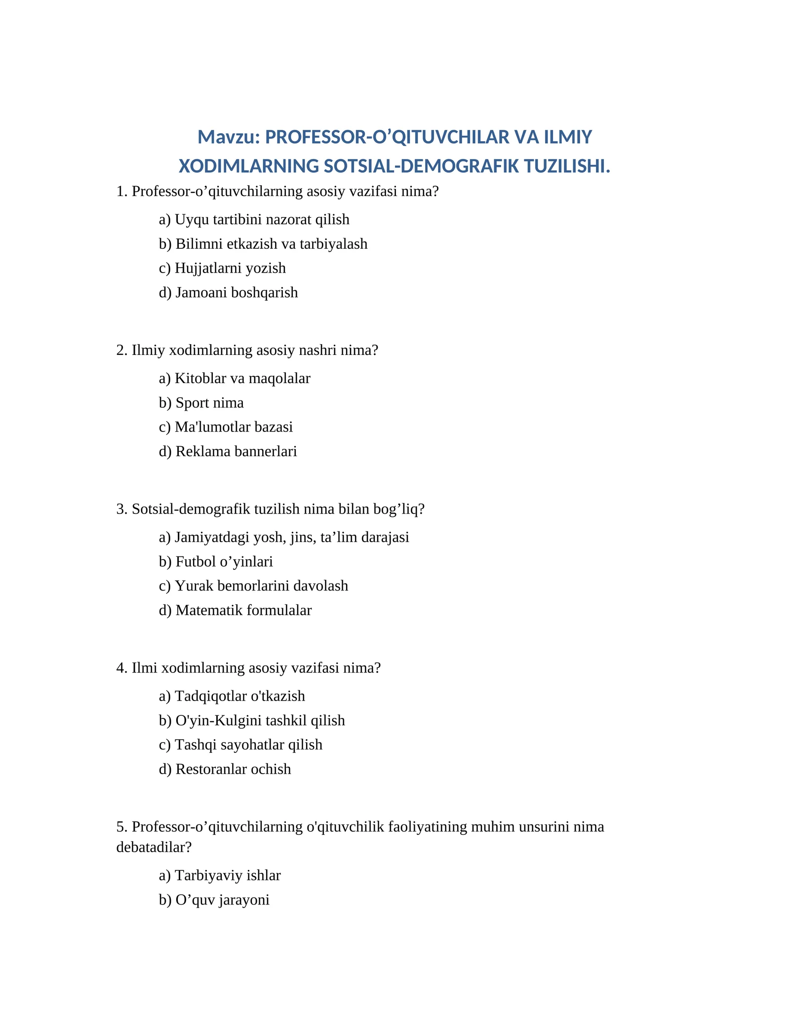PROFESSOR-O’QITUVCHILAR VA ILMIY XODIMLARNING SOTSIAL-DEMOGRAFIK TUZILISHI