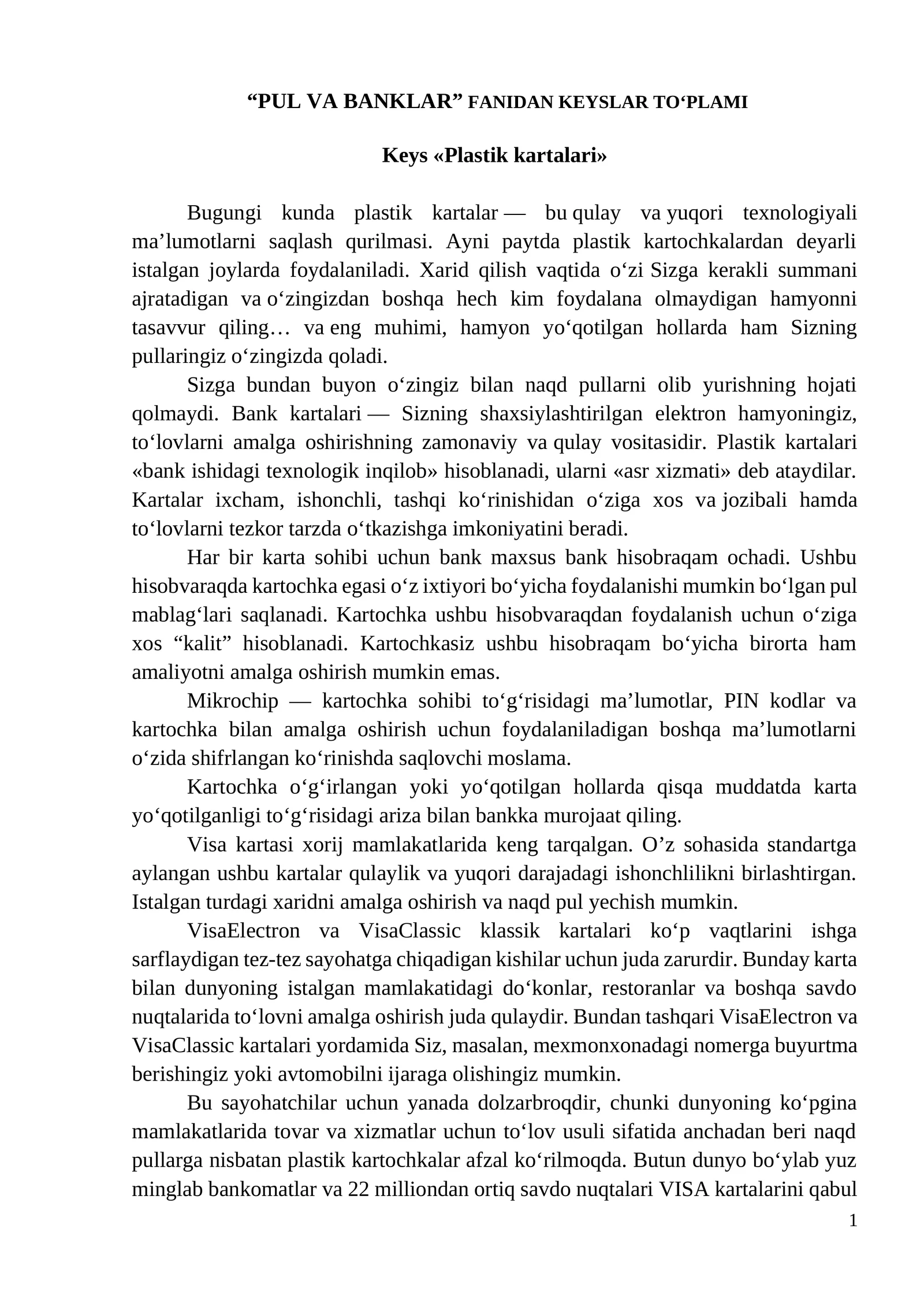 "PUL VA BANKLAR" FANIDAN KEYSLAR TO‘PLAMI