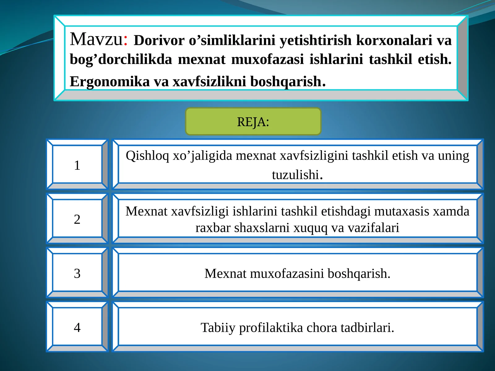 Dorivor o’simliklarini yetishtirish korxonalari va bog’dorchilikda mexnat muxofazasi ishlarini tashkil etish. Ergonomika va xavfsizlikni boshqarish