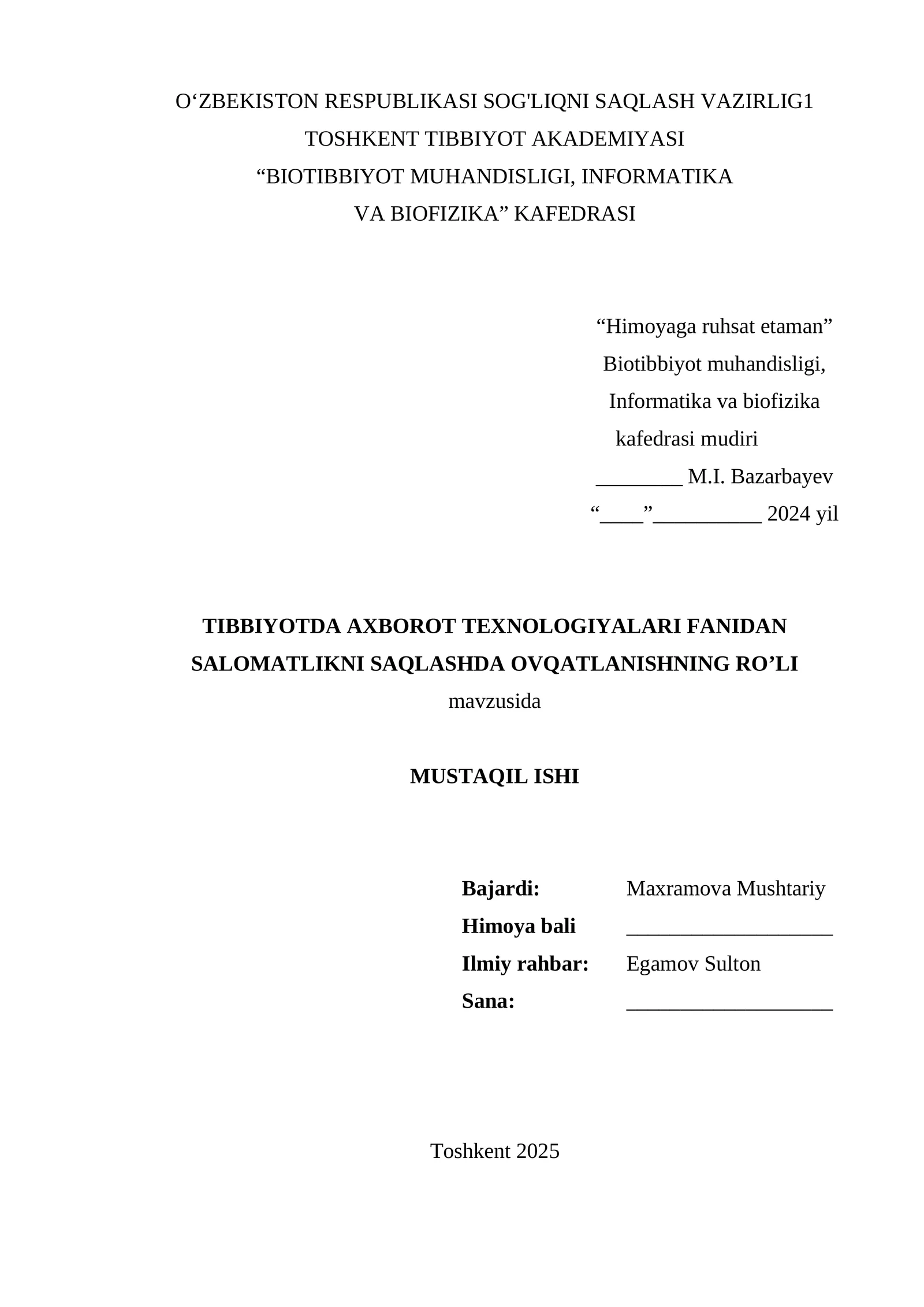 SALOMATLIKNI SAQLASHDA OVQATLANISHNING RO’LI