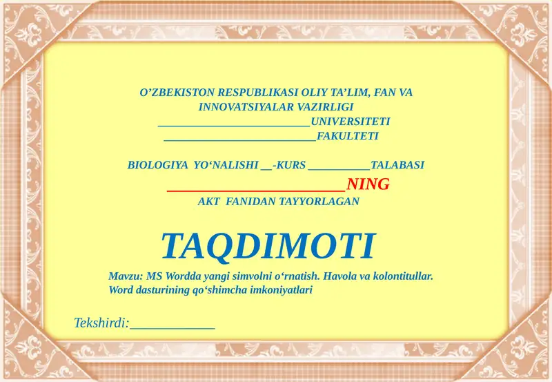 MSWordda yangi simvolni o‘rnatish. Havola va kolontitullar