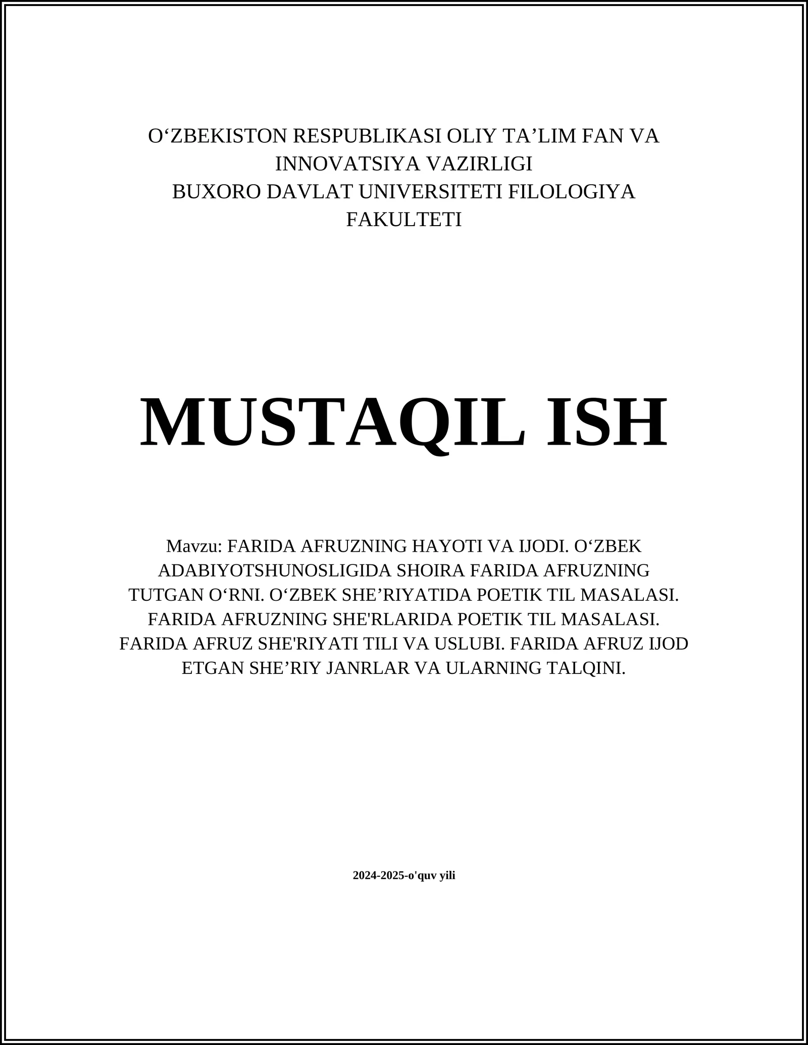 FARIDA AFRUZNING HAYOTI VA IJODI. OʻZBEK ADABIYOTSHUNOSLIGIDA SHOIRA FARIDA AFRUZNING TUTGAN OʻRNI. OʻZBEK SHEʼRIYATIDA POETIK TIL MASALASI. FARIDA AFRUZNING SHE'RLARIDA POETIK TIL MASALASI. FARIDA AFRUZ SHE'RIYATI TILI VA USLUBI. FARIDA AFRUZ IJOD ETGAN SHEʼRIY JANRLAR VA ULARNING TALQINI