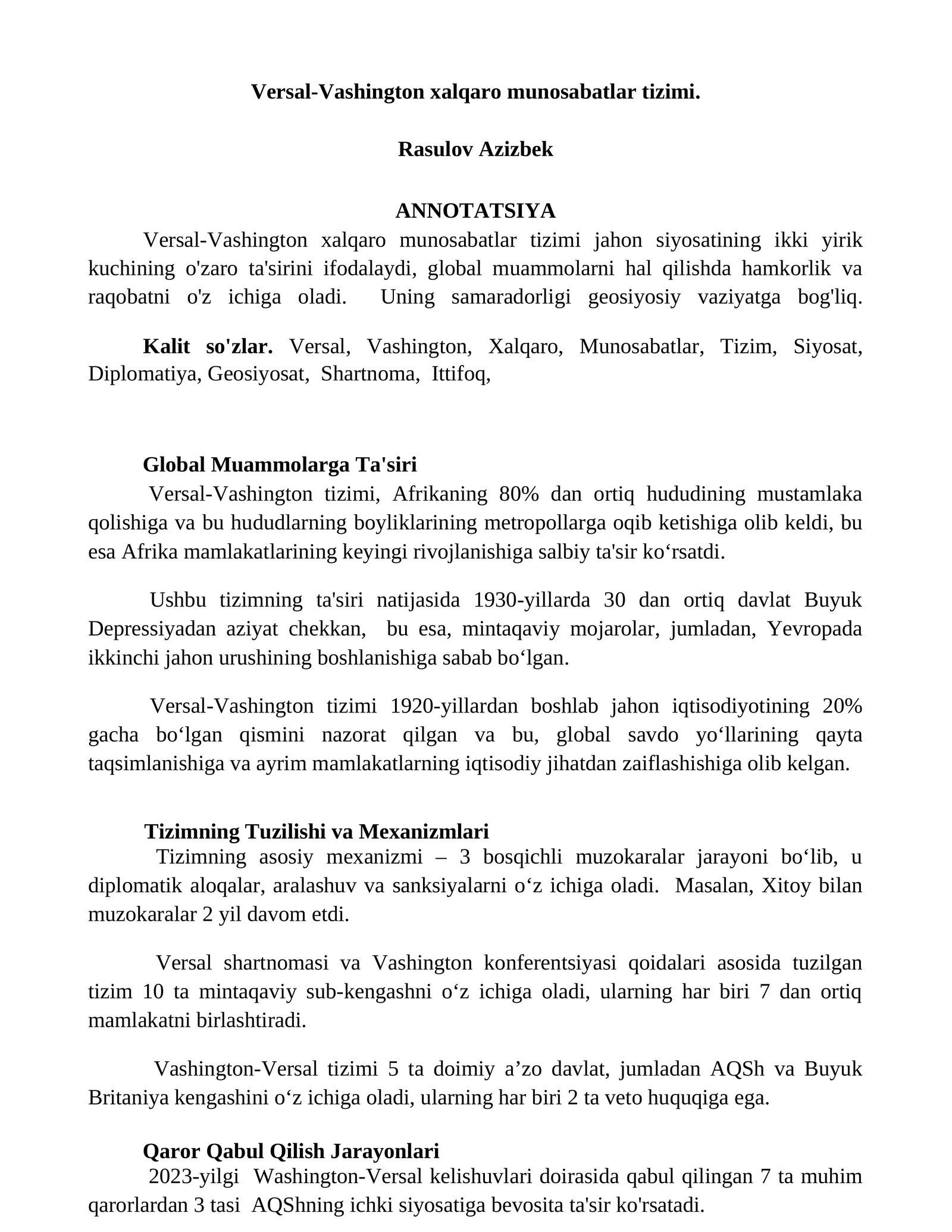 Versal-Vashington xalqaro munosabatlar tizimi