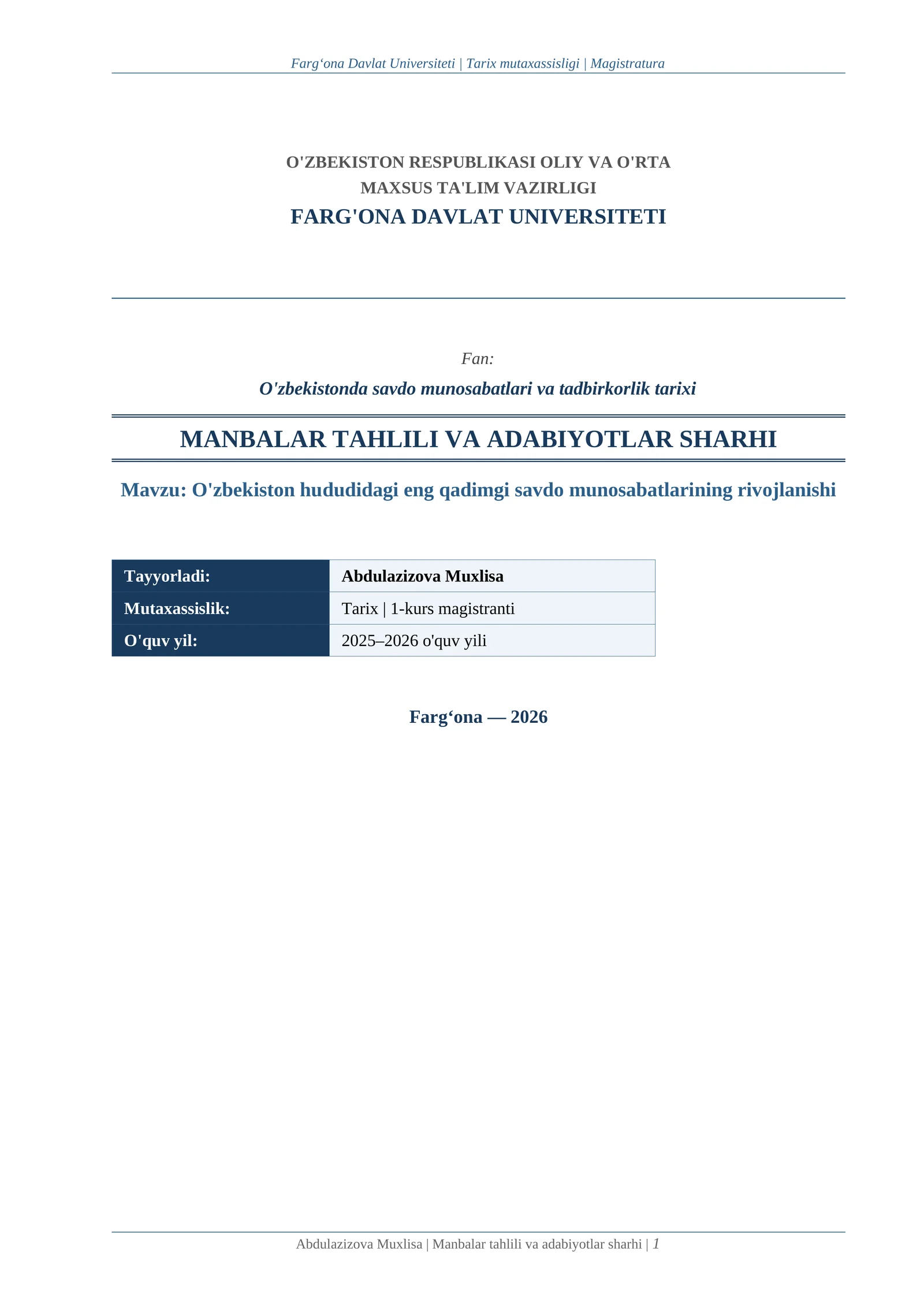 O'zbekistonda savdo munosabatlari va tadbirkorlik tarixi | Magistratura