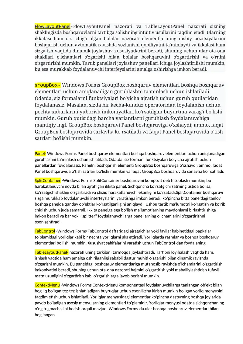 FlowLayoutPanel va TableLayoutPanel nazorati