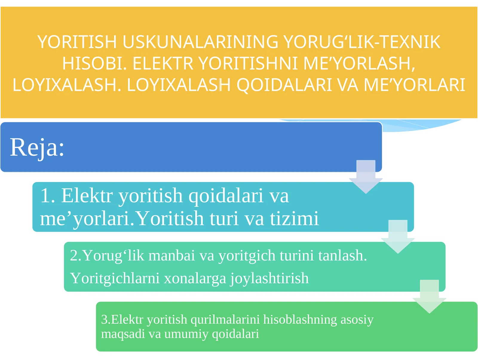 YORITISH USKUNALARINING YORUG‘LIK-TEXNIK HISOBI. ELEKTR YORITISHNI ME’YORLASH, LOYIXALASH. LOYIXALASH QOIDALARI VA ME’YORLARI