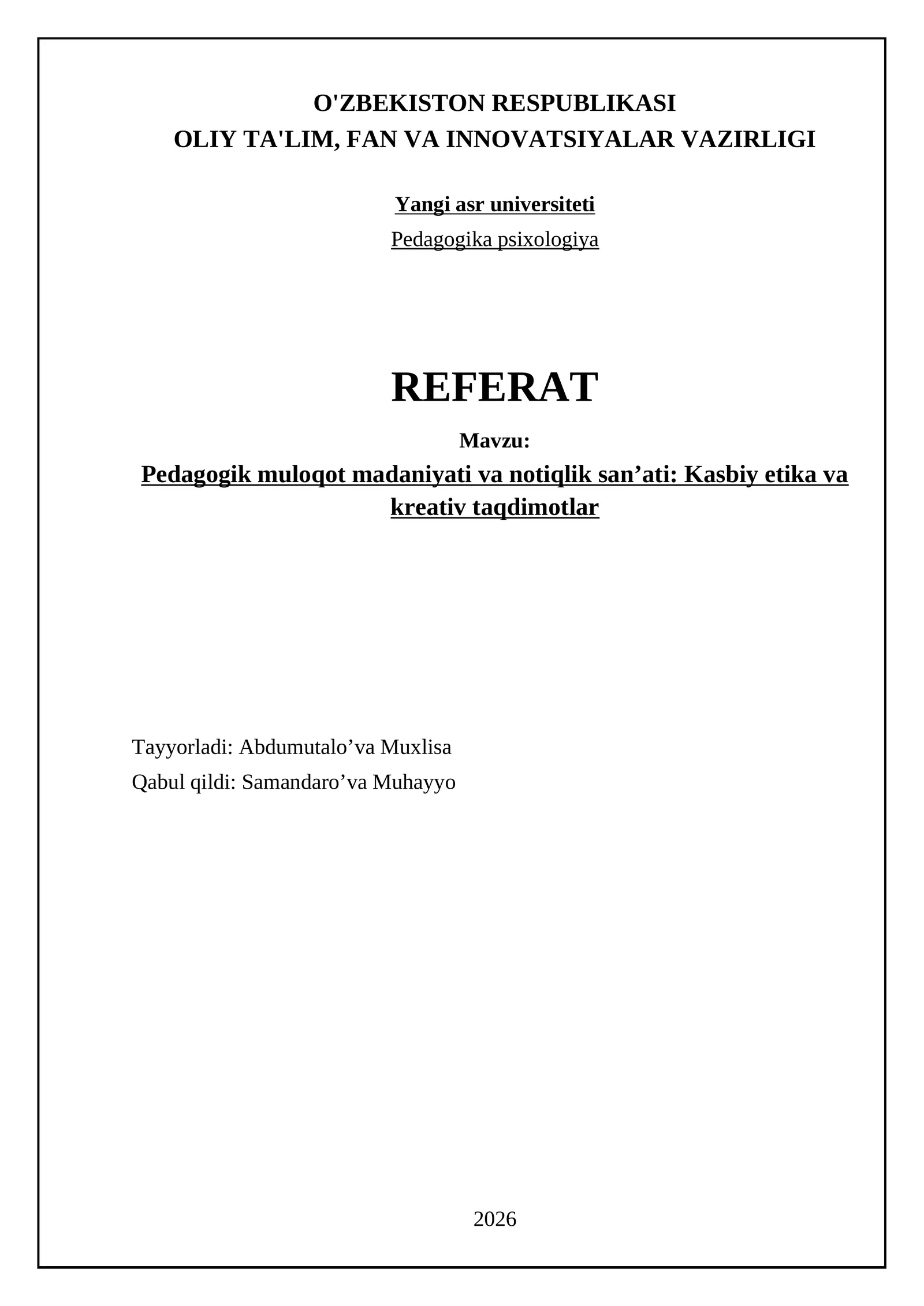 Pedagogik muloqot madaniyati va notiqlik san’ati: Kasbiy etika va kreativ taqdimotlar