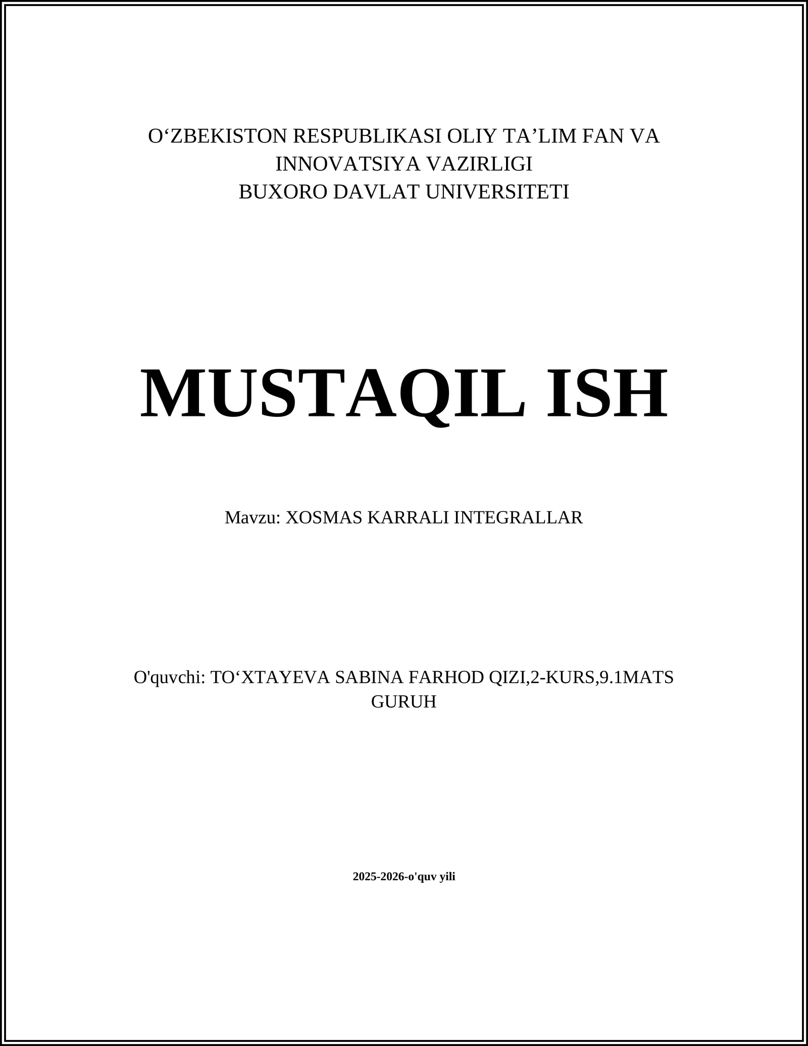 XOSMAS KARRALI INTEGRALLAR